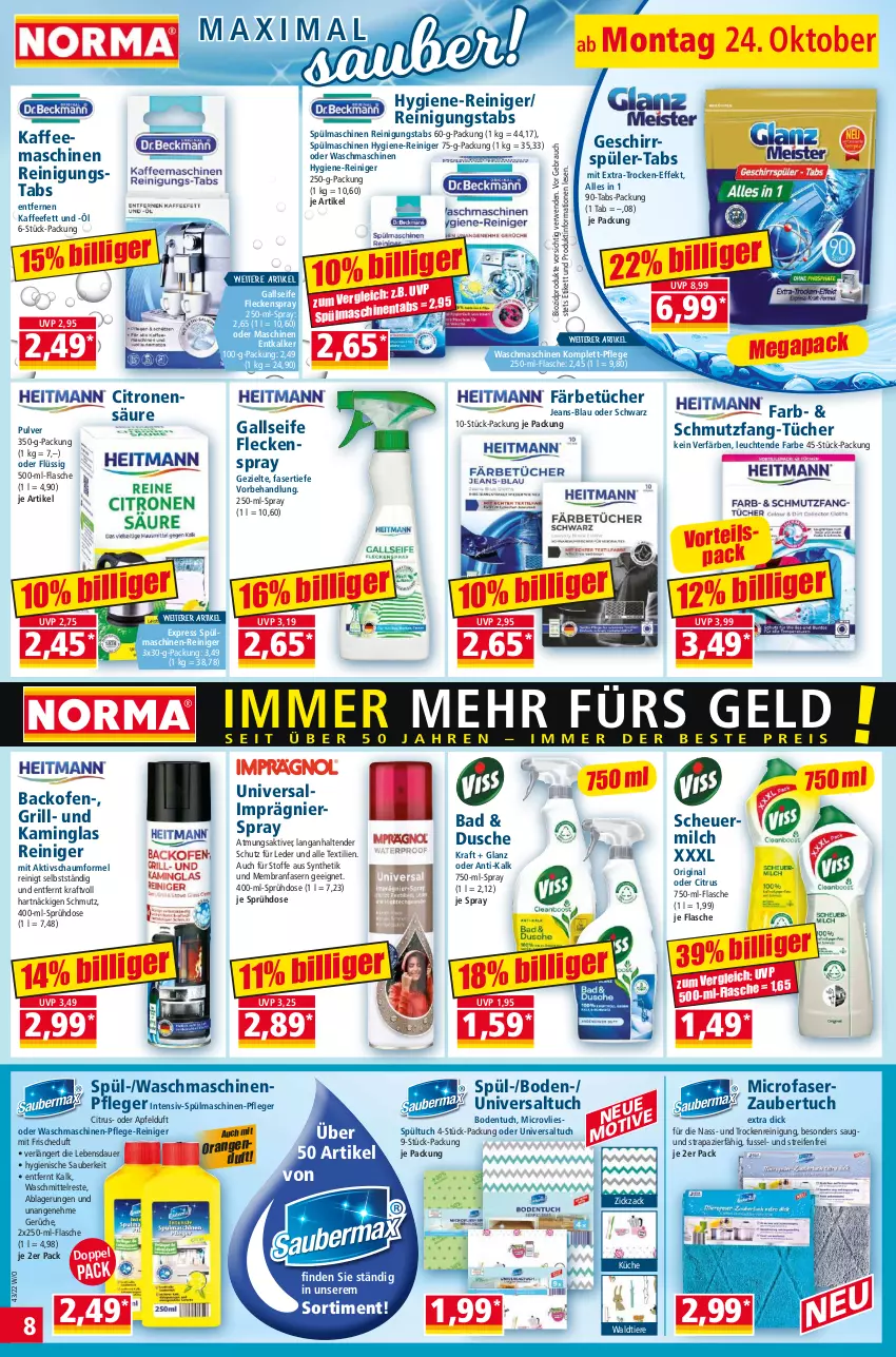 Aktueller Prospekt Norma - Norma - von 24.10 bis 31.10.2022 - strona 8 - produkty: apfel, auer, backofen, Bad, bio, biozidprodukte, citrus, dusche, entkalker, flasche, geschirr, geschirrspüler, gin, grill, Heu, hygiene-reiniger, jeans, kaffee, kaffeemaschine, Kamin, kraft, küche, Leuchte, leuchten, Maschinenpfleger, milch, Ofen, orange, orangen, Rauch, reifen, reiniger, Reinigung, rwe, scheuermilch, Seife, spülmaschinen, tender, Ti, Tiere, tuc, tücher, waschmaschine, waschmaschinen, waschmittel