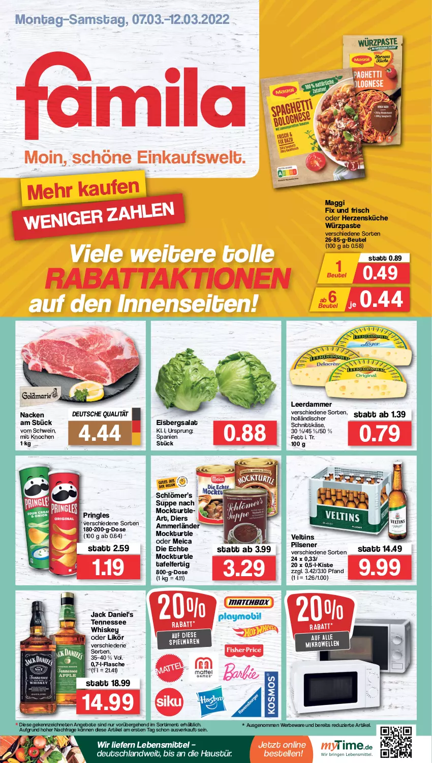 Aktueller Prospekt Famila - Prospekte - von 07.03 bis 12.03.2022 - strona 1 - produkty: ammerländer, angebot, angebote, aust, beutel, eis, eisbergsalat, elle, flasche, holländischer schnittkäse, jack daniel, Käse, küche, lebensmittel, leerdammer, likör, maggi, maggi fix, meica, merl, mikrowelle, pils, pilsener, pringles, ring, salat, schnittkäse, schwein, spielwaren, suppe, tennessee whiskey, Ti, veltins, veltins pilsener, wein, whiskey