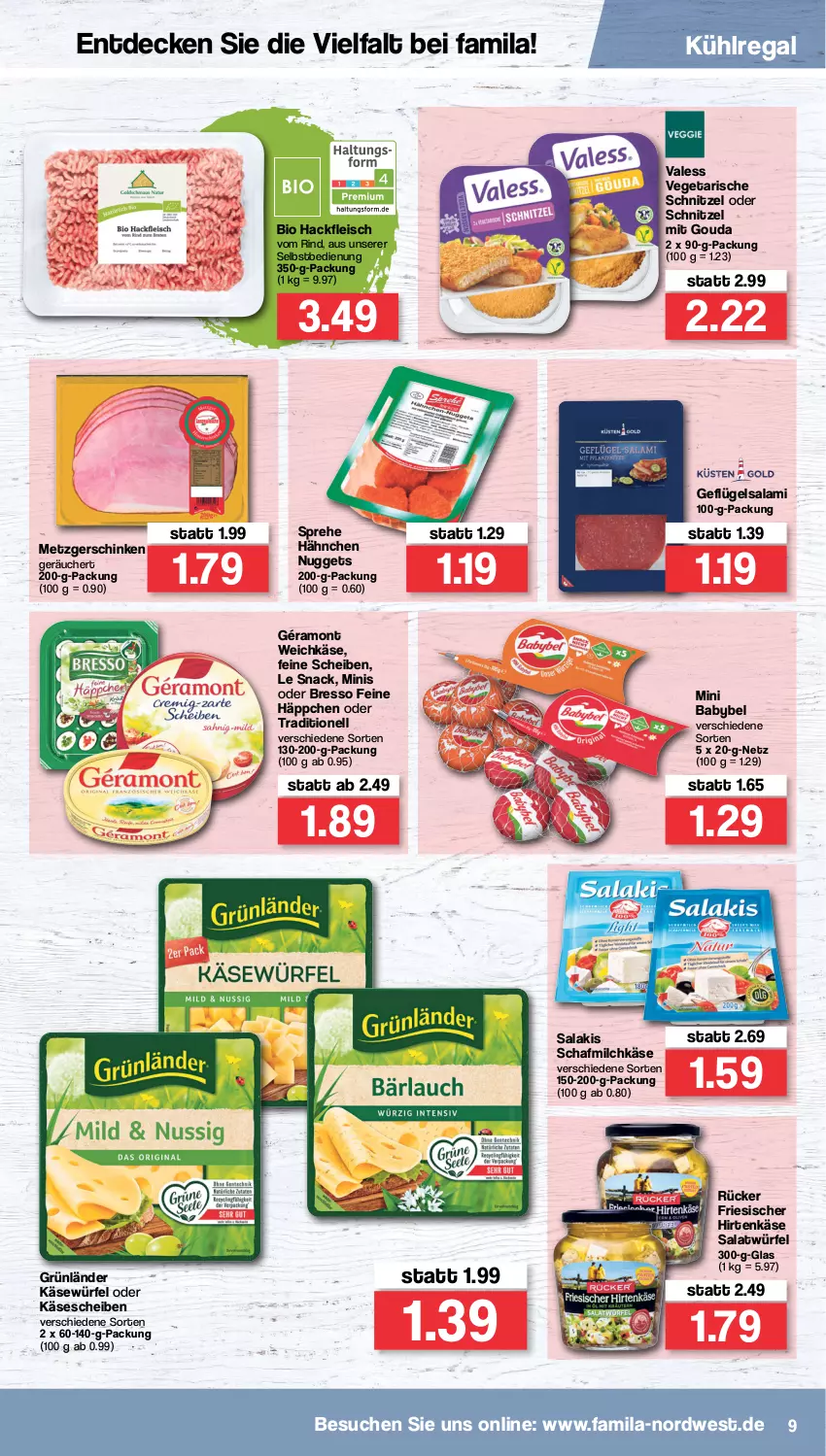 Aktueller Prospekt Famila - Prospekte - von 07.03 bis 12.03.2022 - strona 9 - produkty: babybel, bio, bresso, decke, eis, fleisch, friesischer hirtenkäse, Geflügel, géramont, gouda, grünländer, hackfleisch, hirtenkäse, Käse, käsescheiben, kühlregal, milch, mini babybel, mit gouda, nuggets, regal, rind, salakis, salami, salat, Salatwürfel, schinken, schnitzel, snack, Ti, Vegeta, weichkäse, würfel