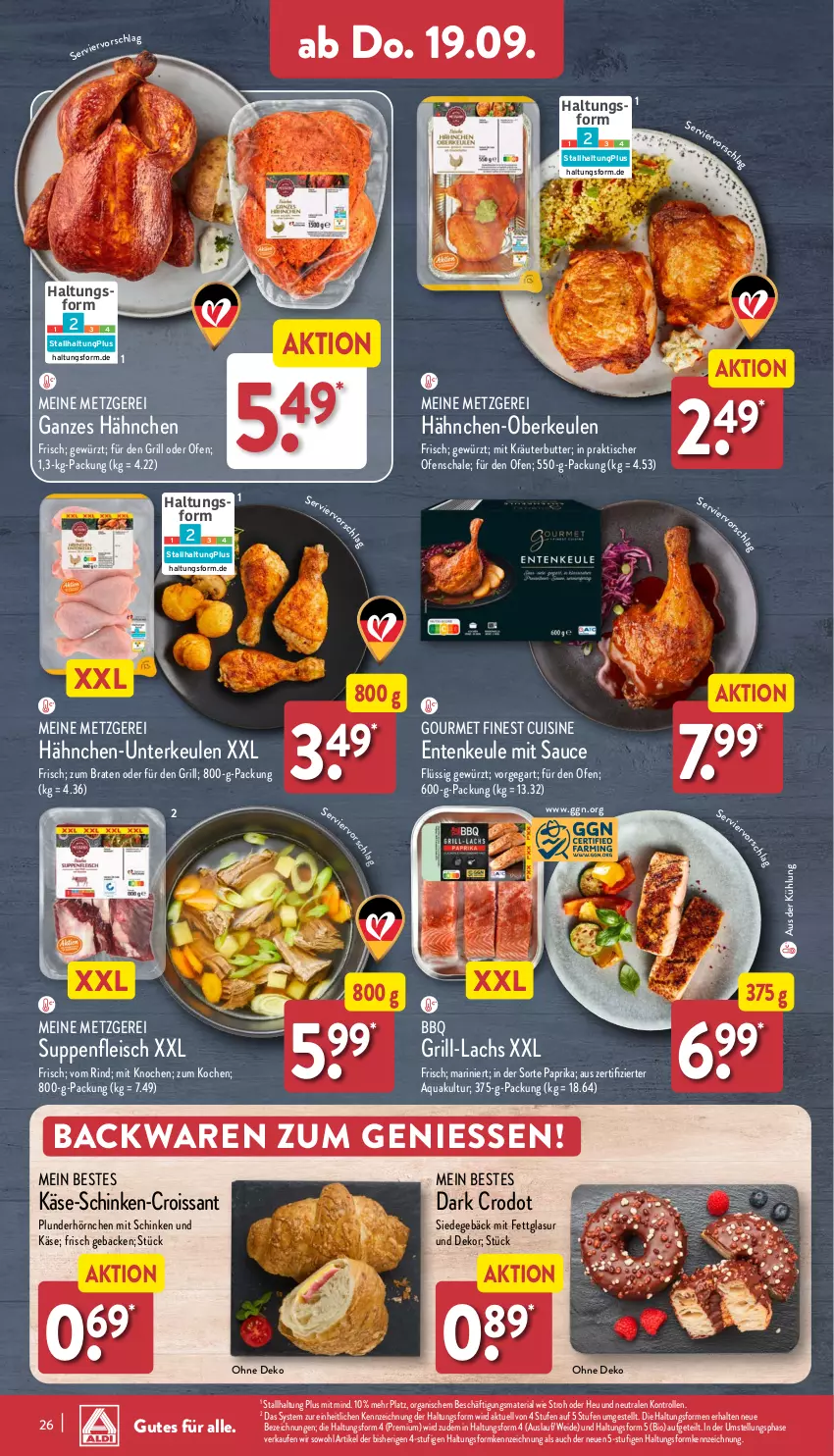 Aktueller Prospekt Aldi Nord - Von Montag - von 16.09 bis 21.09.2024 - strona 26 - produkty: aqua, backwaren, bio, braten, butter, Croissant, eis, ente, Entenkeule, fleisch, geback, gewürz, grill, grill-lachs, Hähnchen-Oberkeulen, Hähnchen-Unterkeulen, Heu, hörnchen, Käse, kräuter, kräuterbutter, lachs, Ofen, paprika, Plunder, Ria, rind, sauce, Schal, Schale, schinken, suppe, suppen, suppenfleisch, Ti, tisch