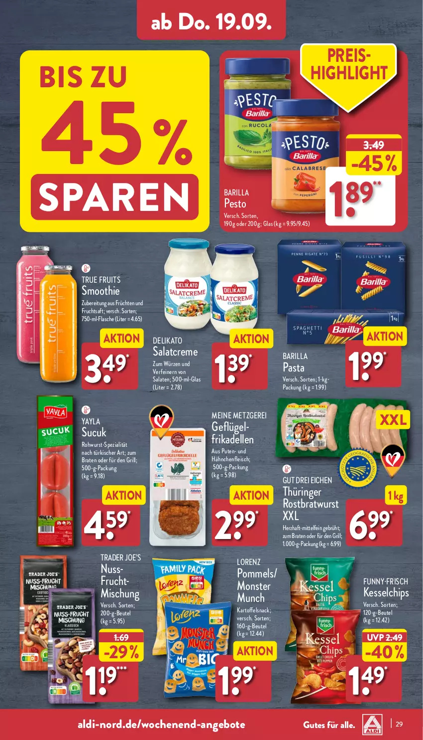 Aktueller Prospekt Aldi Nord - Von Montag - von 16.09 bis 21.09.2024 - strona 29 - produkty: aldi, angebot, angebote, barilla, beutel, braten, bratwurst, chips, creme, dell, eis, elle, flasche, fleisch, frikadellen, frucht, früchte, früchten, fruchtsaft, funny-frisch, Geflügel, grill, Hähnchenfleisch, kartoffel, lorenz, monster, nuss, pasta, pesto, Pommels, pute, reis, ring, Rohwurst, rostbratwurst, saft, salat, salatcreme, salate, smoothie, snack, Spezi, Sucuk, thüringer rostbratwurst, Ti, true fruits, wurst