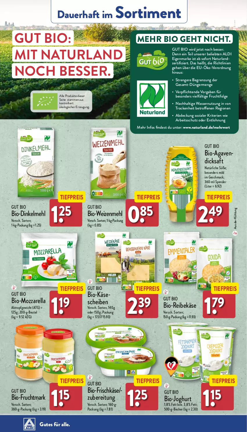 Aktueller Prospekt Aldi Nord - Von Montag - von 16.09 bis 21.09.2024 - strona 37 - produkty: agaven, aldi, auer, Becher, beutel, bio, bio-joghurt, Bio-Käse, dicksaft, dinkelmehl, dünger, eis, frischkäse, frucht, Fruchtmark, Germ, joghur, joghurt, Käse, käsescheiben, LG, mac, mehl, mozzarella, natur, naturland, Reibekäse, reis, rel, rwe, saft, Ti, tiefpreis, trolli, wasser, weizenmehl