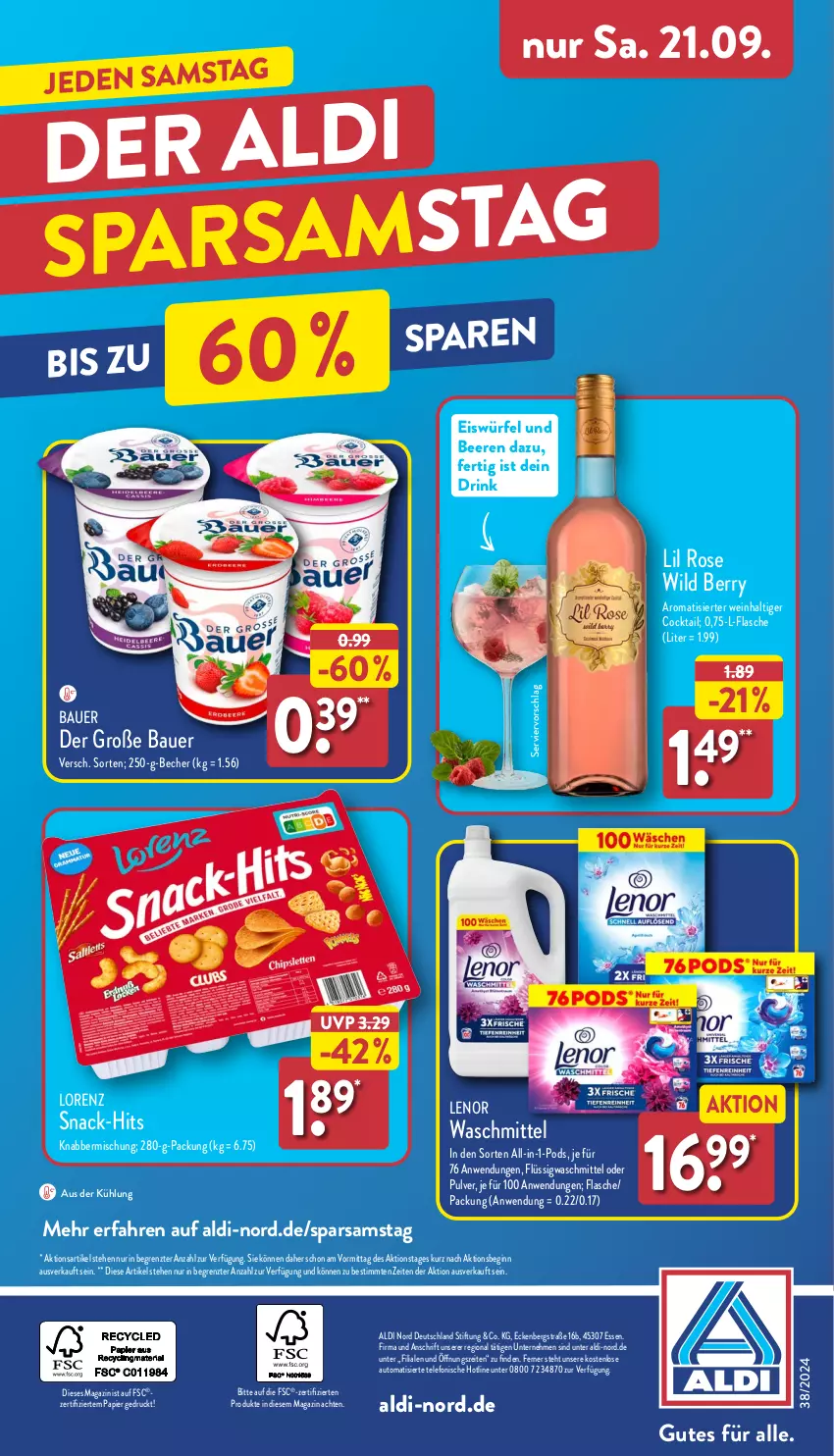 Aktueller Prospekt Aldi Nord - Von Montag - von 16.09 bis 21.09.2024 - strona 38 - produkty: aldi, auer, auto, Bau, Bauer, Becher, beere, beeren, cocktail, drink, eis, eiswürfel, flasche, gin, lenor, lenor waschmittel, lorenz, magazin, papier, Pods, snack, telefon, Ti, waschmittel, wein, Wild, wild berry, würfel, ZTE