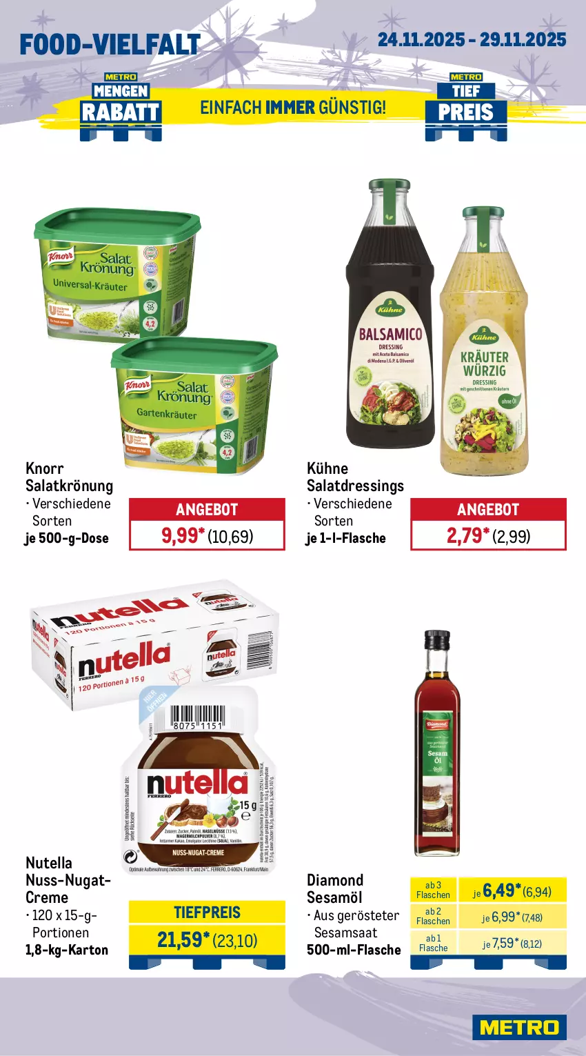 Aktueller Prospekt Metro - Wochen-Angebote Gastro - von 24.11 bis 29.11.2025 - strona 15 - produkty: angebot, bio, bionade, caramel, cookie, cookies, creme, dressing, eis, filterkaffee, flasche, frucht, fruchtsaft, getränk, getränke, Happy Day, kaffee, knorr, Kühne, melitta, nuss, nutella, Palette, Rauch, reis, saft, salat, salatdressing, salatkrönung, sesam, Sesamöl, Ti, tiefpreis