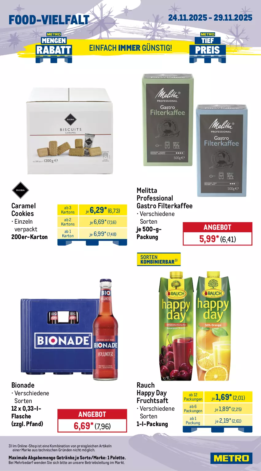 Aktueller Prospekt Metro - Wochen-Angebote Gastro - von 24.11 bis 29.11.2025 - strona 16 - produkty: angebot, bio, bionade, caramel, cookie, cookies, creme, dressing, eis, filterkaffee, flasche, frucht, fruchtsaft, getränk, getränke, Happy Day, kaffee, knorr, Kühne, melitta, nuss, nutella, Palette, Rauch, reis, saft, salat, salatdressing, salatkrönung, sesam, Sesamöl, Ti, tiefpreis