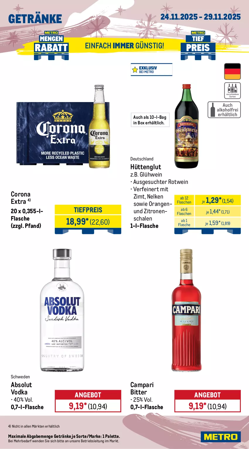 Aktueller Prospekt Metro - Wochen-Angebote Gastro - von 24.11 bis 29.11.2025 - strona 17 - produkty: Absolut Vodka, alkohol, angebot, bag-in-box, Becher, campari, corona, corona extra, eis, flasche, getränk, getränke, gin, Glühwein, kakao, Kinder, kirsch, kirsche, kirschen, nuss, ohne alkohol, orange, orangen, Palette, reis, rotwein, Schal, Schale, Ti, tiefpreis, vodka, wein, zitrone, zitronen