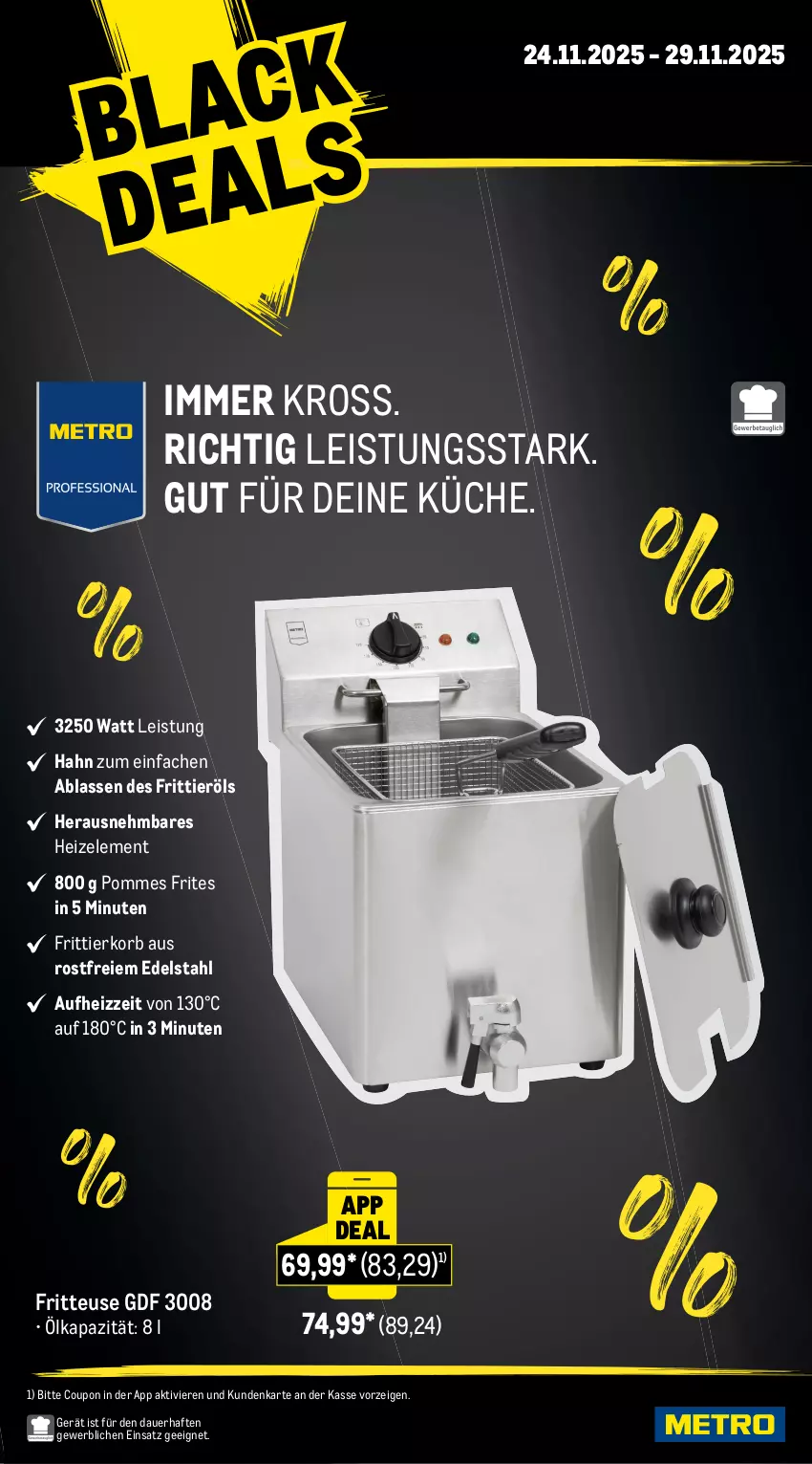 Aktueller Prospekt Metro - Wochen-Angebote Gastro - von 24.11 bis 29.11.2025 - strona 2 - produkty: auer, coupon, edelstahl, eis, entrecôte, fleisch, fritteuse, Frittierkorb, Frittieröl, Kalbsleber, korb, küche, Metro, pommes, Pommes Frites, rind, rinder, Rindersteak, Schal, Schale, schwein, schweine, schweinenacken, steak, steakhüfte, Ti, wein, weine