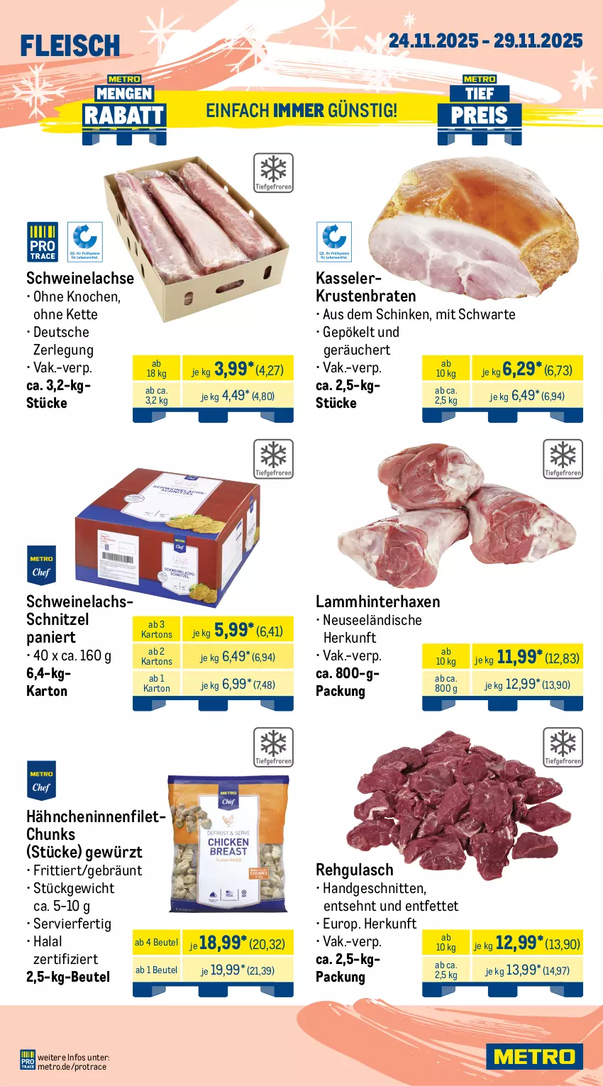 Aktueller Prospekt Metro - Wochen-Angebote Gastro - von 24.11 bis 29.11.2025 - strona 4 - produkty: axe, beutel, braten, brustfilet, eis, ente, Entenbrust, Entenkeule, filet, fleisch, Gänsebrust, gewürz, gulasch, hafer, Haxe, kasseler, Kette, krustenbraten, lachs, lamm, Metro, schinken, schnitten, schnitzel, schwein, schweine, Schweinelachs, Ti, topf, wein, weine