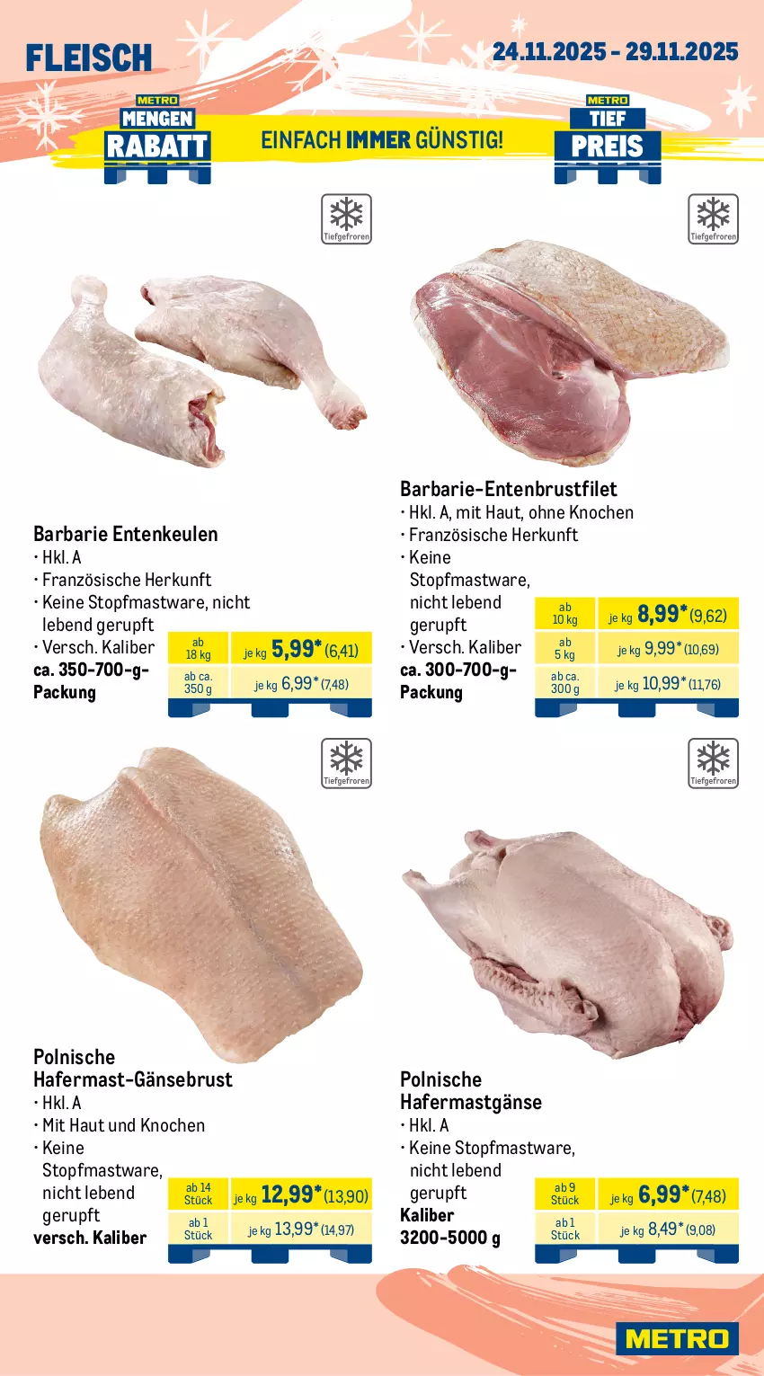 Aktueller Prospekt Metro - Wochen-Angebote Gastro - von 24.11 bis 29.11.2025 - strona 5 - produkty: axe, beutel, braten, brustfilet, eis, ente, Entenbrust, Entenkeule, filet, fleisch, Gänsebrust, gewürz, gulasch, hafer, Haxe, kasseler, Kette, krustenbraten, lachs, lamm, Metro, schinken, schnitten, schnitzel, schwein, schweine, Schweinelachs, Ti, topf, wein, weine