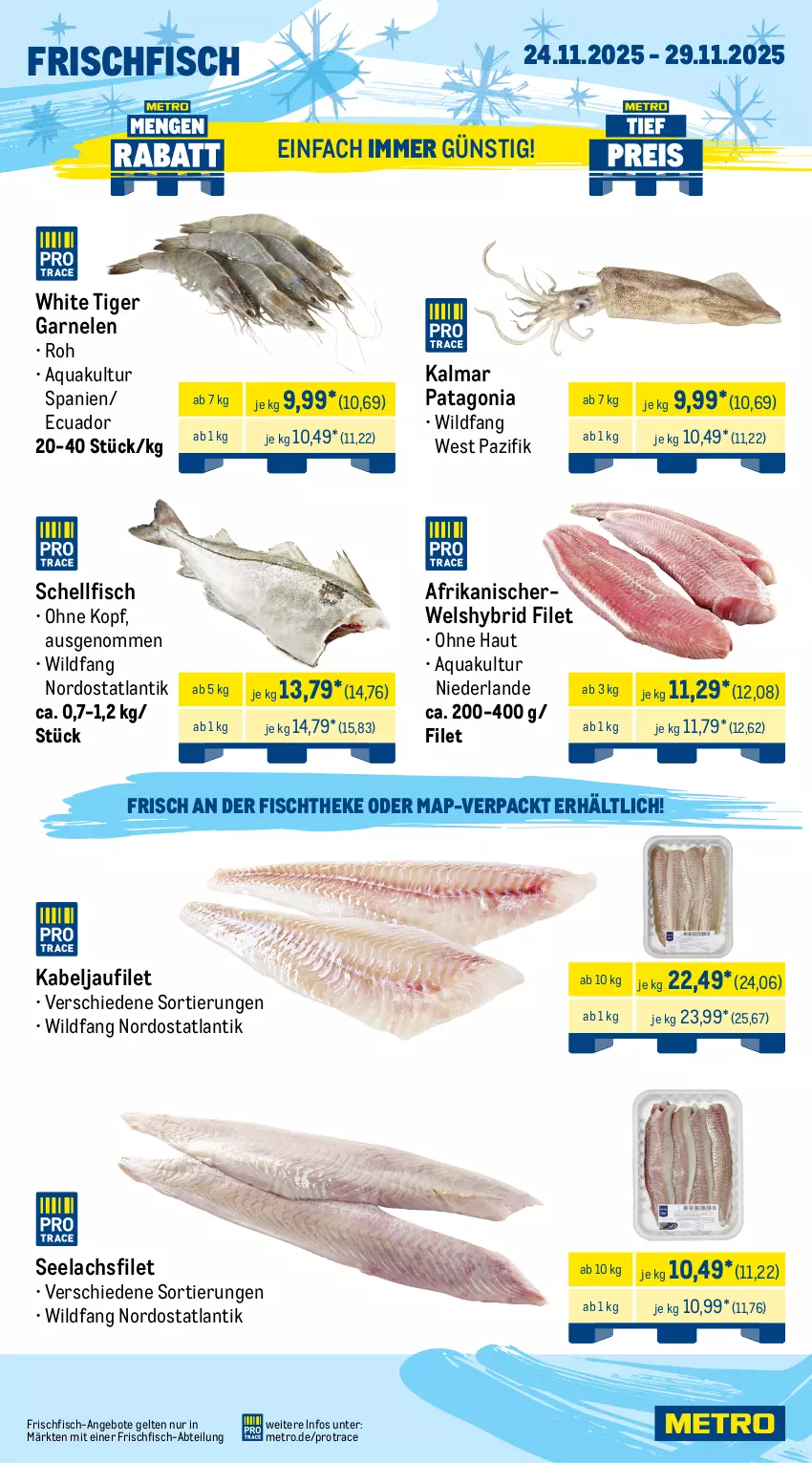 Aktueller Prospekt Metro - Wochen-Angebote Gastro - von 24.11 bis 29.11.2025 - strona 7 - produkty: Abtei, angebot, angebote, aqua, beutel, brot, burger, filet, fisch, fischtheke, frischfisch, garnelen, kabeljaufilet, lachs, lachsfilet, lamm, Metro, rwe, saft, seelachsfilet, snack, Ti, Wels, Wild