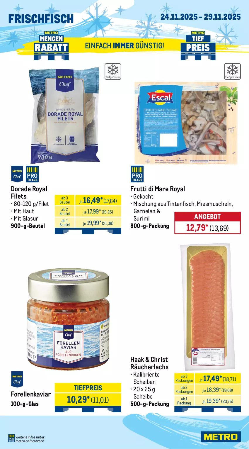 Aktueller Prospekt Metro - Wochen-Angebote Gastro - von 24.11 bis 29.11.2025 - strona 8 - produkty: angebot, beutel, brie, Dorade, dorade royal, eis, elle, filet, filets, fisch, forelle, frischfisch, früchte, frutti di mare, garnelen, grana, Granatäpfel, honig, honigmelone, honigmelonen, Kaki, lachs, melone, melonen, Metro, Muscheln, obst, orange, orangen, Rana, Räucherlachs, reis, rel, saft, Saftorangen, Ti, tiefpreis