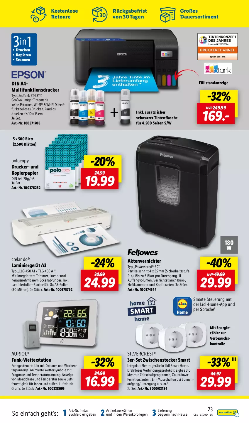 Aktueller Prospekt Lidl - Aktuelle Onlineshop-Highlights - von 01.07 bis 31.07.2024 - strona 23 - produkty: Aktenvernichter, auer, auto, din a4, Draht, drucker, Elan, Elektro, elektrogeräte, flasche, Klammern, kopierpapier, korb, lamm, LG, multifunktionsdrucker, papier, Rauch, rel, Schal, silvercrest, Ti, uhr, Wetterstation