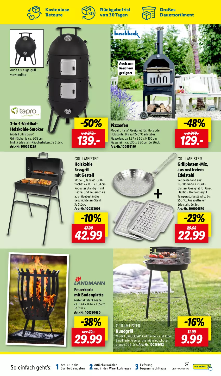 Aktueller Prospekt Lidl - Aktuelle Onlineshop-Highlights - von 01.07 bis 31.07.2024 - strona 37 - produkty: auer, Bodenplatte, decke, Deckel, dell, edelstahl, eis, Elektro, Feuerkorb, feuerschale, grill, grillfläche, Grillpfanne, grillplatte, Holz, holzkohle, holzkohlegrill, Kohlegrill, korb, Kugel, kugelgrill, latte, LG, Meister, Mode, Ofen, pfanne, pizza, Pizzaofen, Ria, rundgrill, rwe, Schal, Schale, standgrill, Ti, Windschutz