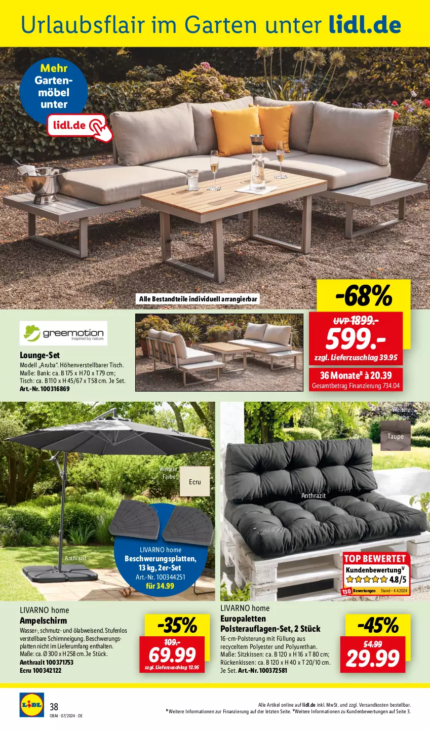 Aktueller Prospekt Lidl - Aktuelle Onlineshop-Highlights - von 01.07 bis 31.07.2024 - strona 38 - produkty: ampelschirm, Bank, bsf, dell, eis, Garten, gartenmöbel, kissen, latte, lounge-set, möbel, Mode, ndk, Palette, rum, Ti, tisch, wasser, ZTE