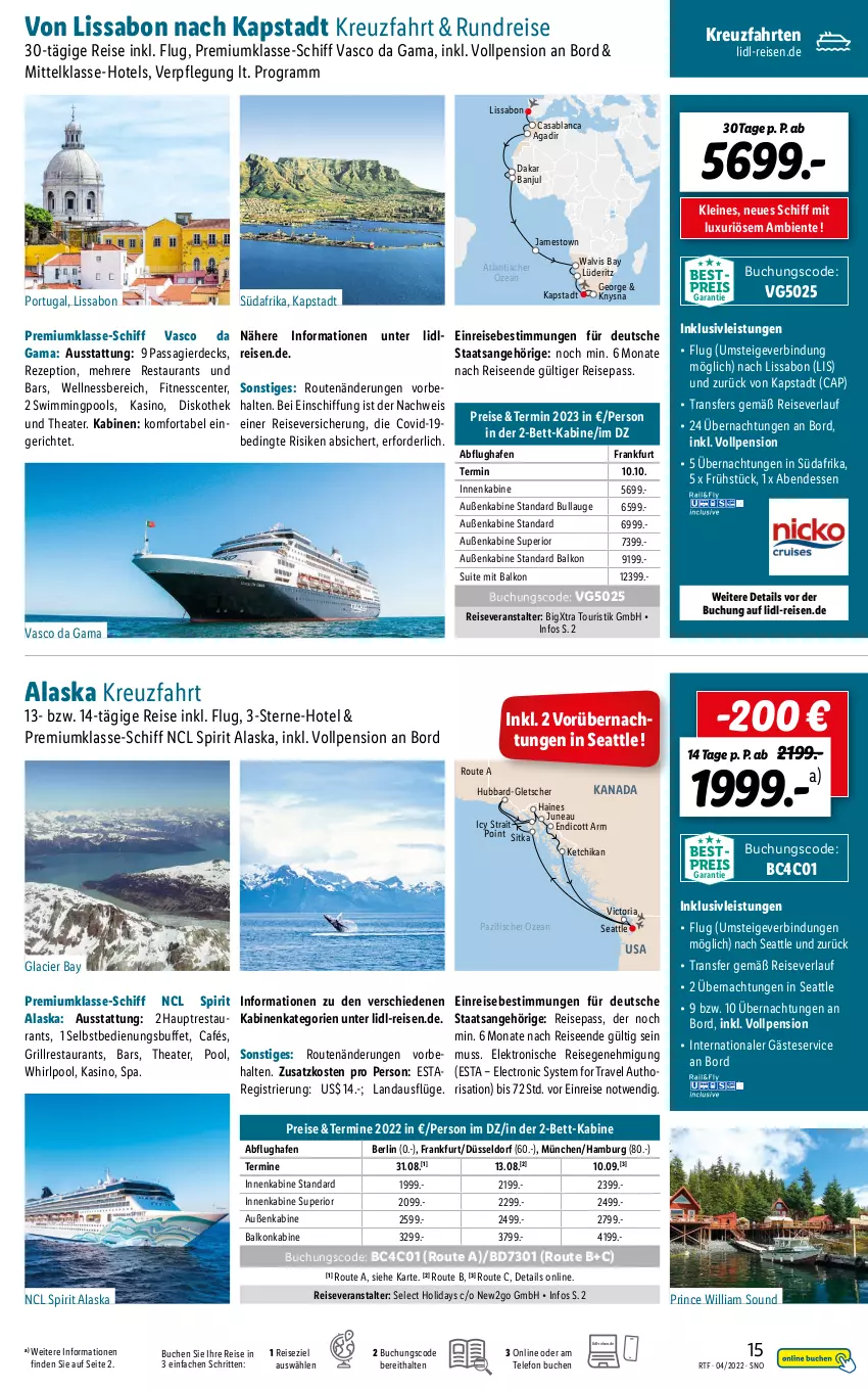 Aktueller Prospekt Lidl - Themenflyer April 2022 - von 13.04 bis 15.06.2022 - strona 15 - produkty: balkonkabine, bett, buch, Cap, eis, Elektro, ente, erde, fisch, fische, Fischer, grill, inklusivleistungen, kreuzfahrten, leine, pool, reis, reiseveranstalter, reiseverlauf, rezept, Ria, telefon, Thea, Ti, tisch, wellnessbereich, Whirlpool