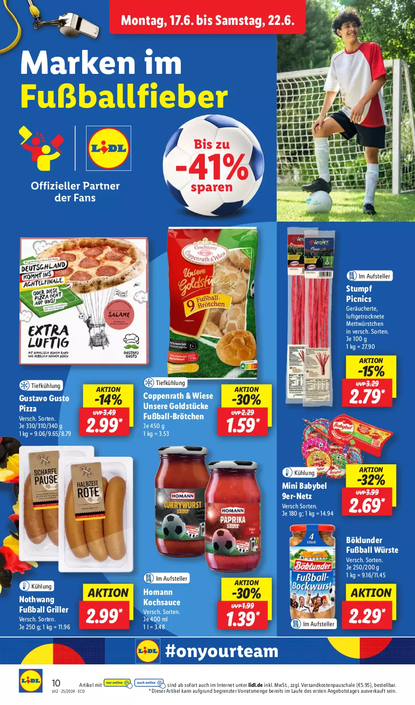 Aktueller Prospekt Lidl - Aktionsprospekt - von 17.06 bis 22.06.2024 - strona 14 - produkty: angebot, babybel, ball, böklunder, brötchen, coppenrath, elle, Fußball, Goldstücke, grill, homann, Mett, mini babybel, ndk, pizza, sauce, Schal, Schale, teller, Ti, würstchen, Yo, ZTE