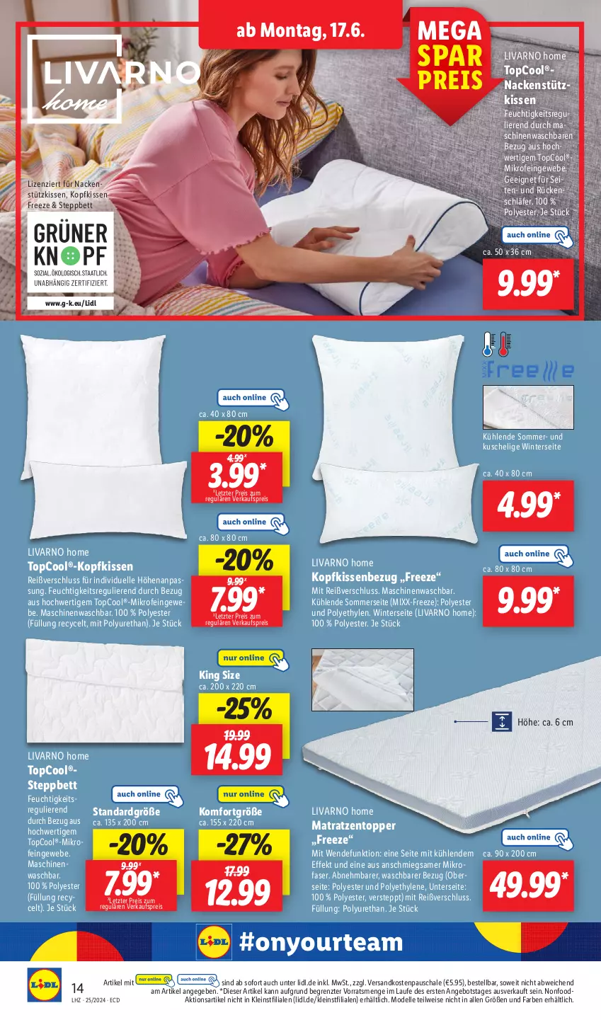 Aktueller Prospekt Lidl - Aktionsprospekt - von 17.06 bis 22.06.2024 - strona 18 - produkty: angebot, bett, dell, eis, elle, kissen, Kissenbezug, kopfkissen, kopfkissenbezug, matratze, matratzen, Matratzentopper, mikrofaser, Mode, nackenstützkissen, ndk, reis, Schal, Schale, steppbett, Ti, topper, Yo, ZTE