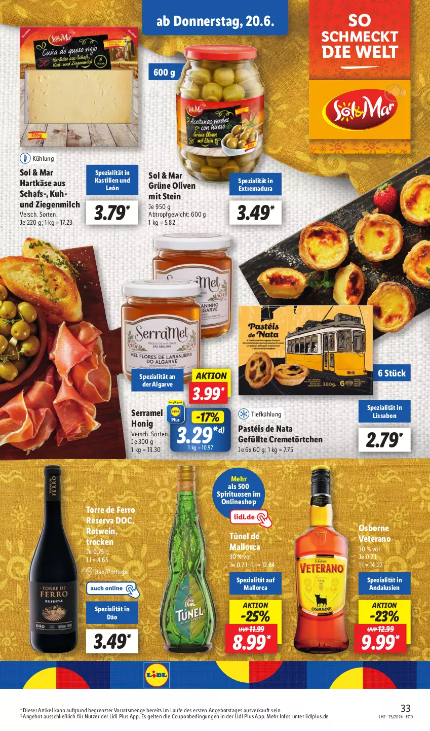 Aktueller Prospekt Lidl - Aktionsprospekt - von 17.06 bis 22.06.2024 - strona 43 - produkty: angebot, asti, coupon, creme, grüne oliven, hartkäse, honig, Käse, LG, milch, olive, oliven, osborne, rotwein, Spezi, spirituosen, Ti, Törtchen, uhu, veterano, wein, ZTE