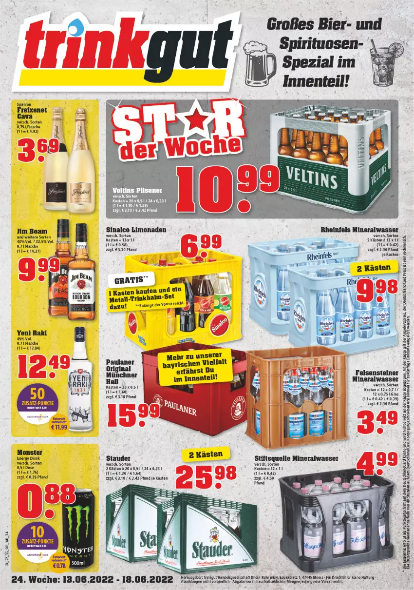 Aktueller Prospekt Trinkgut - von 13.06 bis 18.06.2022 - strona 1 - produkty: Alwa, angebot, bett, bier, cin, deutschlandcard, eier, eis, elle, erde, flasche, jim beam, LG, limo, limonade, limonaden, mineralwasser, monster, Paula, pils, pilsener, reis, sinalco, steiner, Ti, veltins, veltins pilsener, wasser, yeni raki