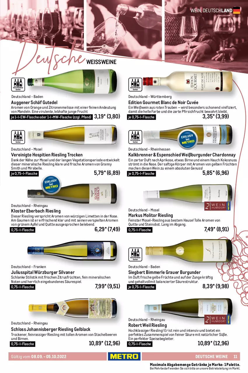 Aktueller Prospekt Metro - Wein & Spirituosen - von 08.09 bis 05.10.2022 - strona 11 - produkty: apfel, aprikose, auer, Bad, banane, bananen, beere, beeren, Berger, bio, Birnen, burger, burgunder, cabernet, chardonnay, cuvée, eis, elle, ente, erde, flasche, fleisch, frucht, früchte, früchten, getränk, getränke, grauburgunder, grauer burgunder, kirsch, kirsche, kiwi, Kloster Eberbach, kokos, kokosnuss, lack, limette, limetten, mac, mandel, mandeln, mango, maracuja, merl, Mett, metten, mw-flasche, nuss, obst, orange, Palette, pfirsich, reis, riesling, saft, salat, salate, salz, saro, sauvignon, sauvignon blanc, Schal, Schale, silvaner, Stachelbeeren, Ti, tisch, trauben, und gemüse, Vegeta, wein, weine, Weißburgunder, Weißwein, WICK, zitrone, zitronen