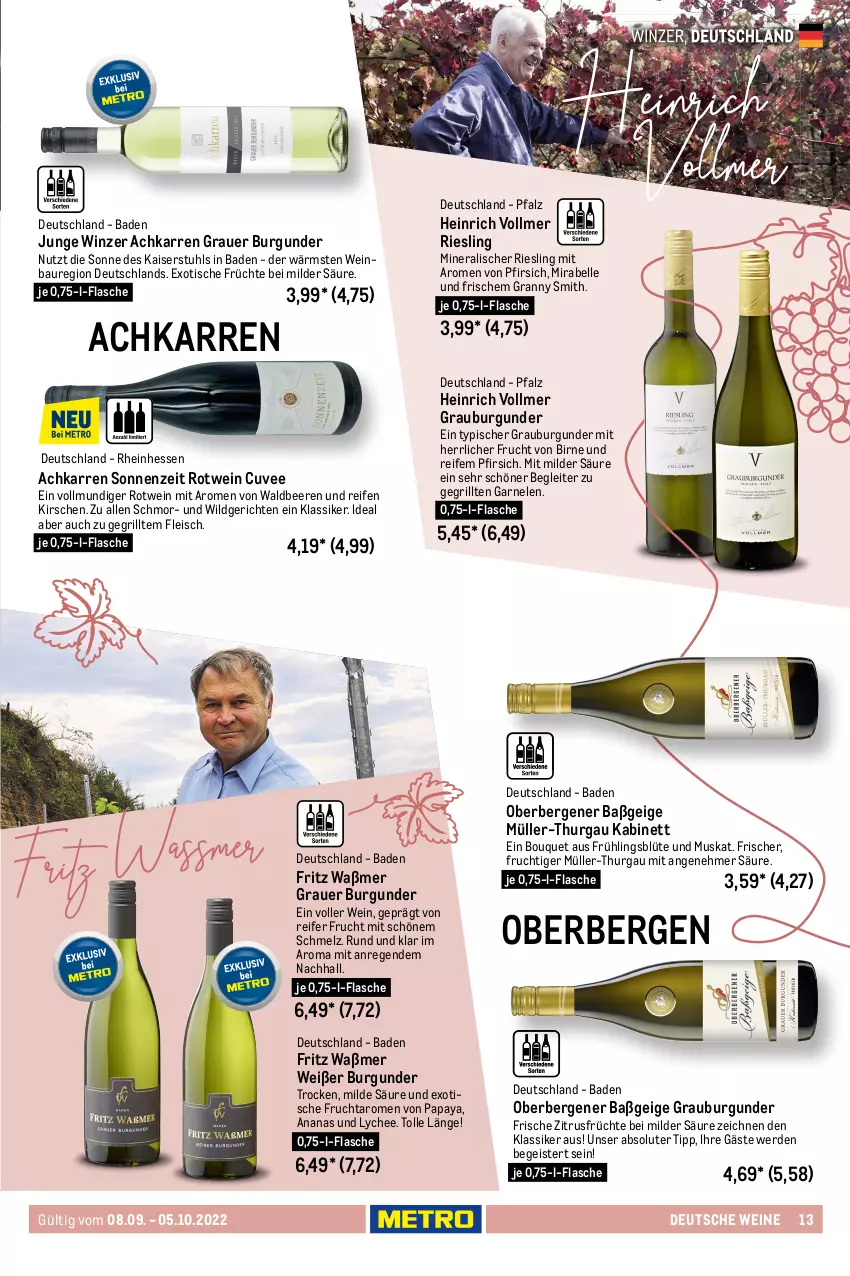 Aktueller Prospekt Metro - Wein & Spirituosen - von 08.09 bis 05.10.2022 - strona 13 - produkty: ananas, apfel, auer, Bad, Bau, Bauer, beere, beeren, bier, Biere, Blüte, burgunder, cuvée, eis, elle, erdbeere, erdbeeren, erde, flasche, fleisch, fritz, frucht, früchte, garnelen, getränk, getränke, grapefruit, grauburgunder, grauer burgunder, grill, himbeer, himbeere, himbeeren, kabinett, Kaiser, kirsch, kirsche, kirschen, leitz, Müller, Müller-Thurgau, natur, Nuance, Oberbergener Baßgeige, Palette, Papaya, pfirsich, Pinot, pinot noir, reifen, riesling, rotwein, saft, saro, sauvignon, sauvignon blanc, Stachelbeeren, stuhl, Ti, tisch, wein, weine, Weißburgunder, Wild, Yo