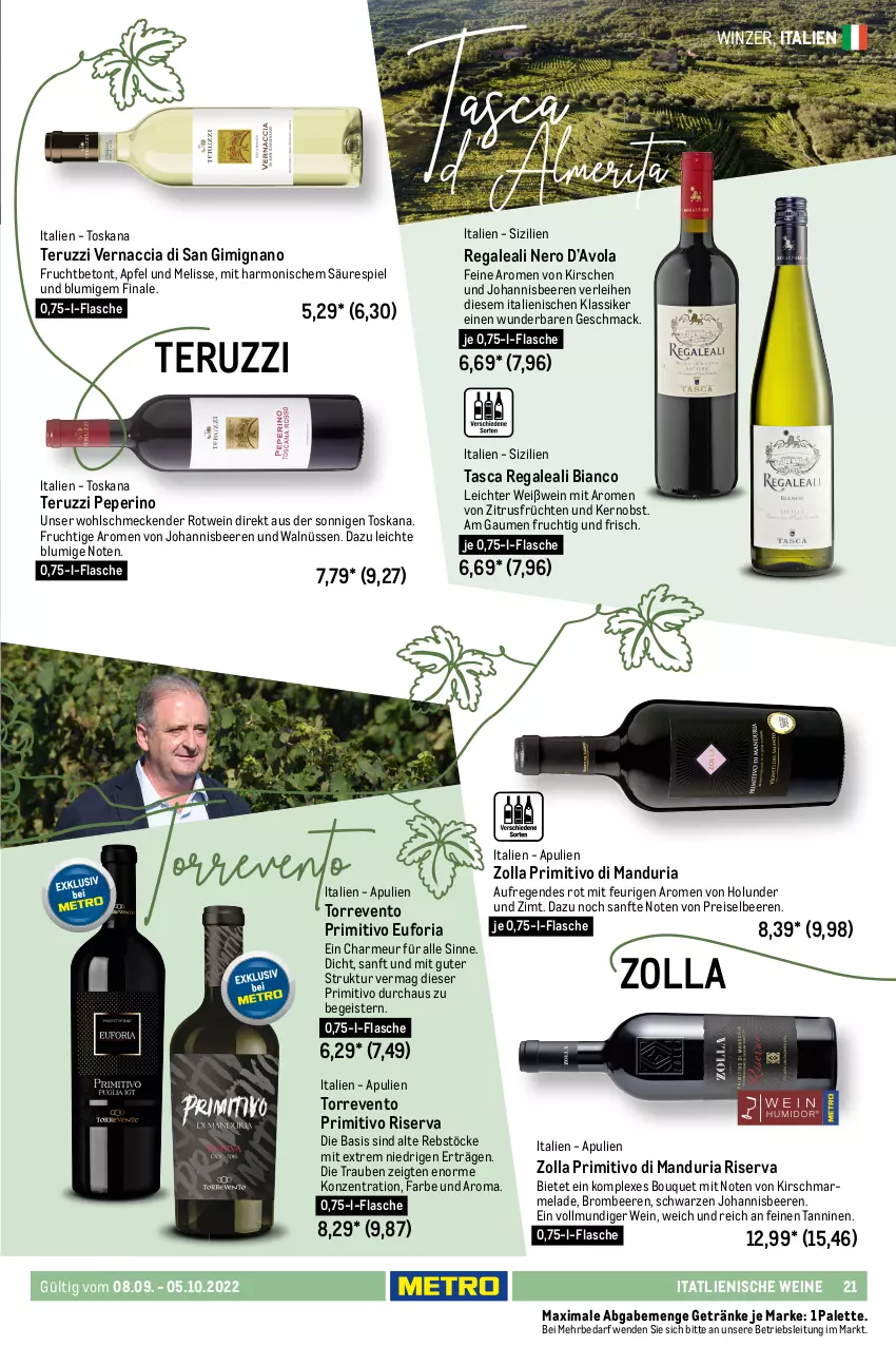 Aktueller Prospekt Metro - Wein & Spirituosen - von 08.09 bis 05.10.2022 - strona 21 - produkty: ACC, apfel, balsam, balsamico, beere, beeren, bio, brombeere, brombeeren, corona, eis, ente, flasche, frucht, früchte, früchten, getränk, getränke, heidelbeere, heidelbeeren, holunder, johannisbeere, Johannisbeeren, Kamill, kamille, kirsch, kirsche, kirschen, mac, mango, marmelade, mezzacorona, nero, obst, Palette, pfirsich, pflaume, pflaumen, Pinot, pinot grigio, primitivo, regal, reis, Ria, riserva, rosato, rotwein, saft, schoko, schokolade, Ti, trauben, usb, wein, weine, Weißwein, Wild