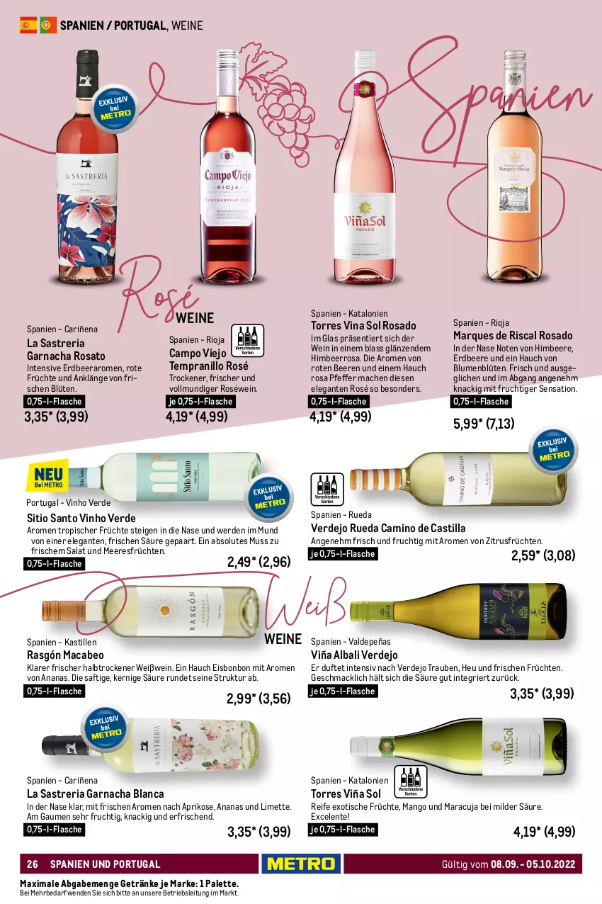 Aktueller Prospekt Metro - Wein & Spirituosen - von 08.09 bis 05.10.2022 - strona 26 - produkty: ananas, aprikose, asti, aust, balsam, beere, beeren, blume, blumen, Blüte, brombeere, campo viejo, eis, Engel, ente, erdbeere, erde, flasche, frucht, früchte, früchten, gelee, getränk, getränke, gewürz, Heu, himbeer, himbeere, Holz, kaffee, kirsch, kirsche, kirschen, kraft, kräuter, kräutern, küche, limette, mac, mango, maracuja, meeresfrüchte, Mett, mit frucht, monte, Nuance, Palette, pfeffer, pflaume, Rauch, reifen, Ria, rioja, rosato, roséwein, saft, salat, schoko, schokolade, tempranillo, Ti, tisch, trauben, vanille, vinho verde, wein, weine, Weißwein