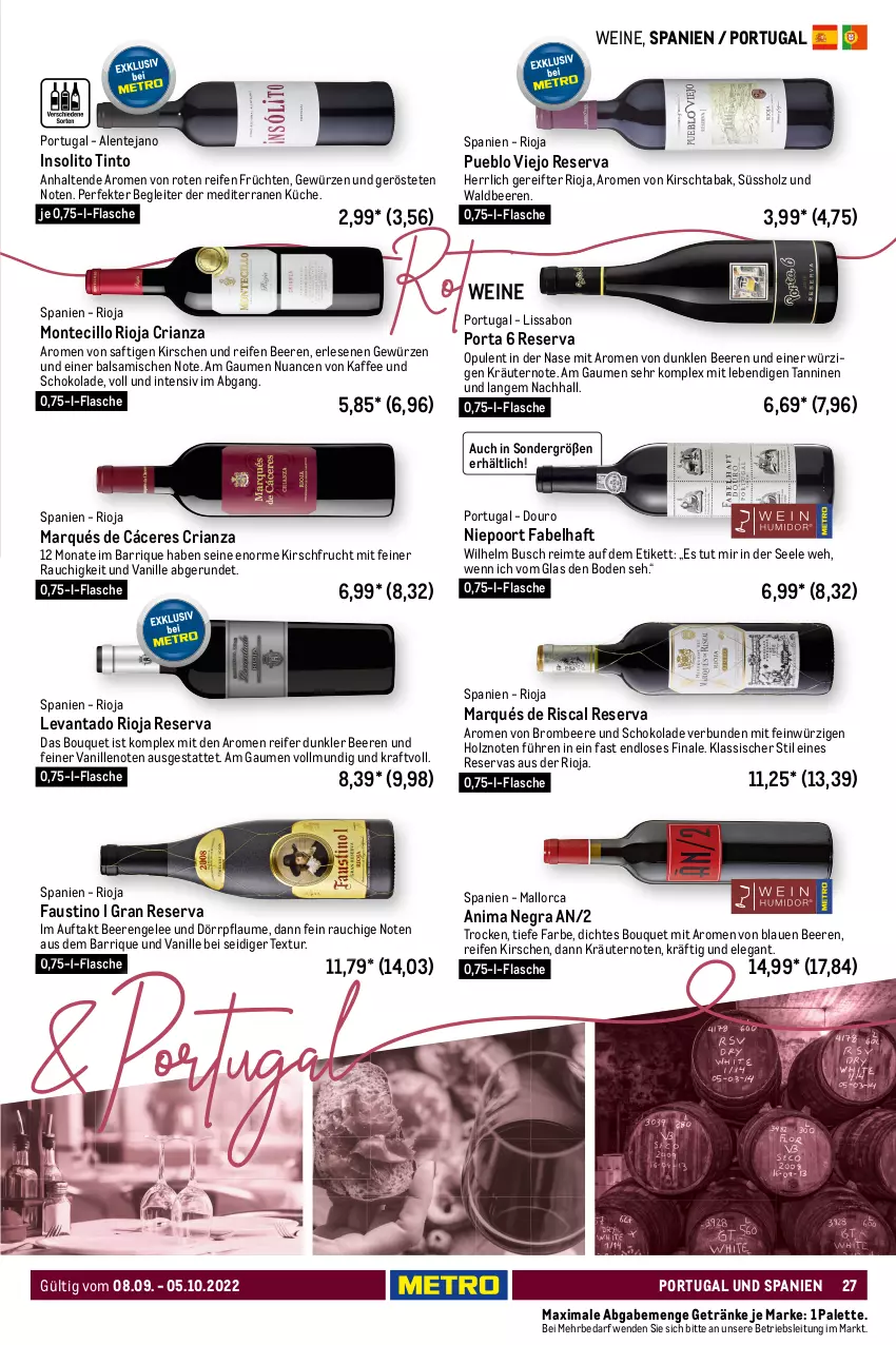 Aktueller Prospekt Metro - Wein & Spirituosen - von 08.09 bis 05.10.2022 - strona 27 - produkty: ananas, aprikose, asti, aust, balsam, beere, beeren, blume, blumen, Blüte, brombeere, campo viejo, eis, Engel, ente, erdbeere, erde, flasche, frucht, früchte, früchten, gelee, getränk, getränke, gewürz, Heu, himbeer, himbeere, Holz, kaffee, kirsch, kirsche, kirschen, kraft, kräuter, kräutern, küche, limette, mac, mango, maracuja, meeresfrüchte, Mett, mit frucht, monte, Nuance, Palette, pfeffer, pflaume, Rauch, reifen, Ria, rioja, rosato, roséwein, saft, salat, schoko, schokolade, tempranillo, Ti, tisch, trauben, vanille, vinho verde, wein, weine, Weißwein