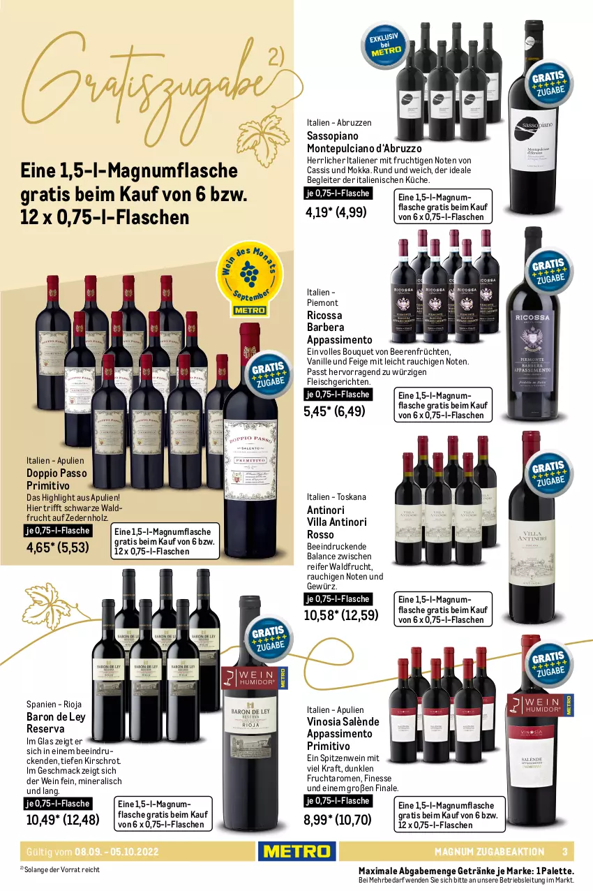 Aktueller Prospekt Metro - Wein & Spirituosen - von 08.09 bis 05.10.2022 - strona 3 - produkty: Astra, bag-in-box, beere, beeren, blume, blumen, cassis, champagne, champagner, doppio passo, eis, elle, erde, finesse, flasche, fleisch, frucht, früchte, früchten, getränk, getränke, gewürz, gin, Gläser, grappa, Holz, kirsch, kraft, küche, latte, mac, magnum, marmelade, mit frucht, monte, Montepulciano, natur, Palette, passo, Portwein, primitivo, Rauch, ring, rioja, rum, sim, spirituosen, Ti, trauben, vanille, vodka, wein, weine, whisky, ZTE