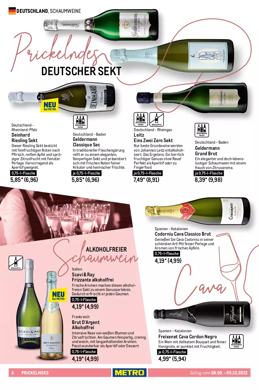 Aktueller Prospekt Metro - Wein & Spirituosen - von 08.09 bis 05.10.2022 - strona 6 - produkty: alkohol, aperitif, apfel, Bad, beere, beeren, blume, blumen, Blüte, brut, Cava, classico, cuvée, dessert, deutscher sekt, doppio passo, ecco, eier, elle, ente, erde, ernesto, flasche, freixenet, frizzante, frucht, früchte, früchten, geldermann, getränk, getränke, himbeer, honig, kräuter, krone, leitz, Lusti, mac, mionetto, mit frucht, Nuance, nuss, Palette, passo, perla, pfirsich, prosecco, puma, riesling, rosato, rwe, saro, sekt, spumante, Ti, valdo, wein, weine, zitrone, zitronen, zonin