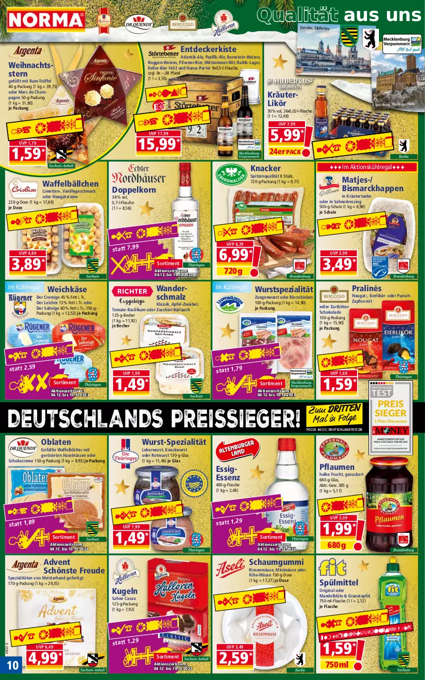 Aktueller Prospekt Norma - Norma - von 04.12 bis 11.12.2023 - strona 10 - produkty: apfel, basilikum, Becher, bier, bierschinken, bismarck, Blüte, champagne, creme, decke, doppelkorn, dressing, eier, eierlikör, eis, elle, essig, flasche, frucht, gin, Gläser, grana, granatapfel, Käse, knacker, korn, kräuter, kräuterlikör, Kugel, kühlregal, leberwurst, LG, likör, limette, limetten, lorenz, mac, malz, mandel, matjes, Meister, Mett, metten, Nougatcreme, Oblaten, pflaume, pflaumen, pils, pilsener, Rana, regal, reis, reiss, ring, Rotwurst, rum, sahne, Schal, Schale, schinken, Schmalz, schoko, schokolade, Spezi, spitzenqualität, spülmittel, Ti, tomate, tomate-basilikum, Trüffel, vanille, weichkäse, Weihnachtsstern, wurst, Zartbitterschokolade, zucchini, zucker, zwiebel