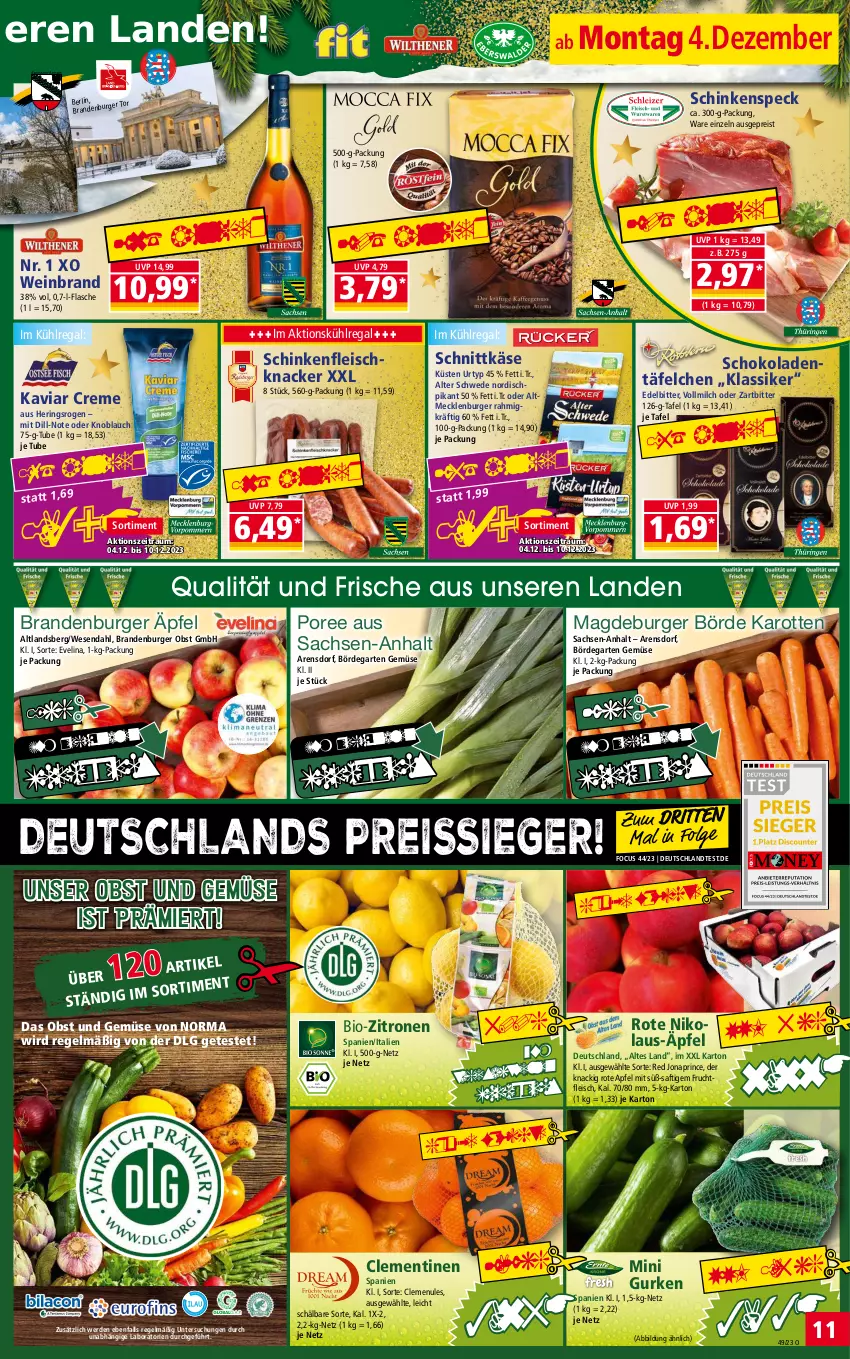 Aktueller Prospekt Norma - Norma - von 04.12 bis 11.12.2023 - strona 11 - produkty: apfel, bio, bio-zitronen, Brandenburger äpfel, burger, clementinen, creme, eis, erde, flasche, fleisch, frucht, fruchtfleisch, Garten, gurke, gurken, hering, Herings, HP, karotten, Käse, knacker, knoblauch, kühlregal, LG, milch, obst, Obst und Gemüse, regal, reis, reiss, ring, sac, saft, schinken, schinkenspeck, schnittkäse, schoko, schokolade, schokoladen, Speck, Ti, tiefpreis, und gemüse, urtyp, vollmilch, wein, weinbrand, zitrone, zitronen