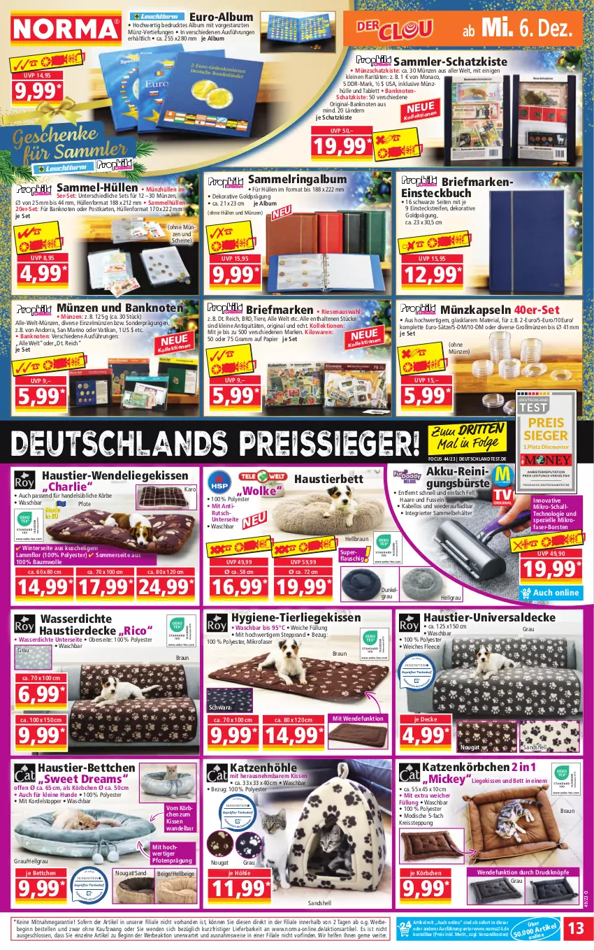 Aktueller Prospekt Norma - Norma - von 04.12 bis 11.12.2023 - strona 13 - produkty: akku, Akku-Reinigungsbürste, aust, Bank, Bau, baumwolle, Bebe, Behälter, bett, braun, brie, buch, bürste, decke, eis, elle, erde, gin, kissen, Körbchen, lamm, leine, LG, Liege, mikrofaser, ndk, papier, reifen, Reinigung, reinigungsbürste, reis, reiss, Ria, ring, Schal, Spezi, Stier, tablet, tablett, Ti, Tiere, topper, wasser, wolle, ZTE