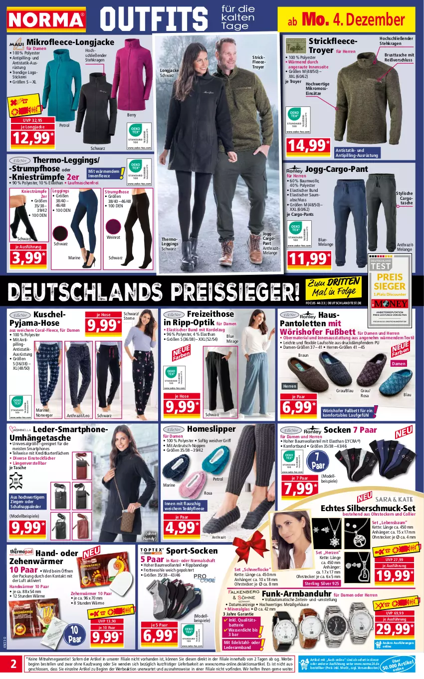 Aktueller Prospekt Norma - Norma - von 04.12 bis 11.12.2023 - strona 2 - produkty: Anhänger, Armband, Armbanduhr, asti, auto, batterie, Bau, baumwolle, Bebe, bett, braun, Coral, dell, edelstahl, eis, Elan, elle, gin, Handy, hose, Jacke, Kette, leggings, LG, mab, Mode, ndk, ohrstecker, pantolette, pantoletten, Pants, Pyjama, reis, reiss, Ria, rum, rwe, Schmuck, slip, Slipper, smartphone, smartphones, socken, Spiele, Sport, strümpfe, Strumpfhose, Tasche, tee, Thermoleggings, Ti, Tipi, tisch, uhr, umhängetasche, wasser, wein, wolle