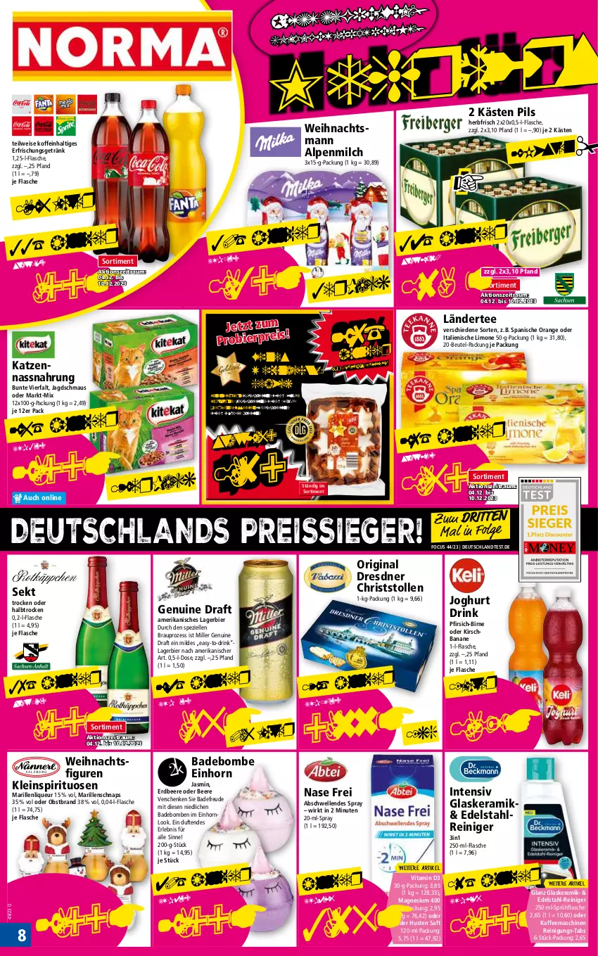 Aktueller Prospekt Norma - Norma - von 04.12 bis 11.12.2023 - strona 8 - produkty: alpenmilch, Bad, banane, beere, beutel, bier, drink, edelstahl, eis, elle, erdbeere, erfrischungsgetränk, flasche, getränk, gin, glaskeramik, joghur, joghurt, kaffee, kaffeemaschine, Kinder, kirsch, Lagerbier, Ländertee, LG, limo, liqueur, magnesium, magnesium 400, Maus, milch, Nassnahrung, nuss, obst, Obstbrand, orange, pfirsich, pils, reiniger, Reinigung, reis, reiss, saft, sekt, Spezi, spirituosen, sprühflasche, Stollen, tee, Ti, vanille, vita, Vitamin D