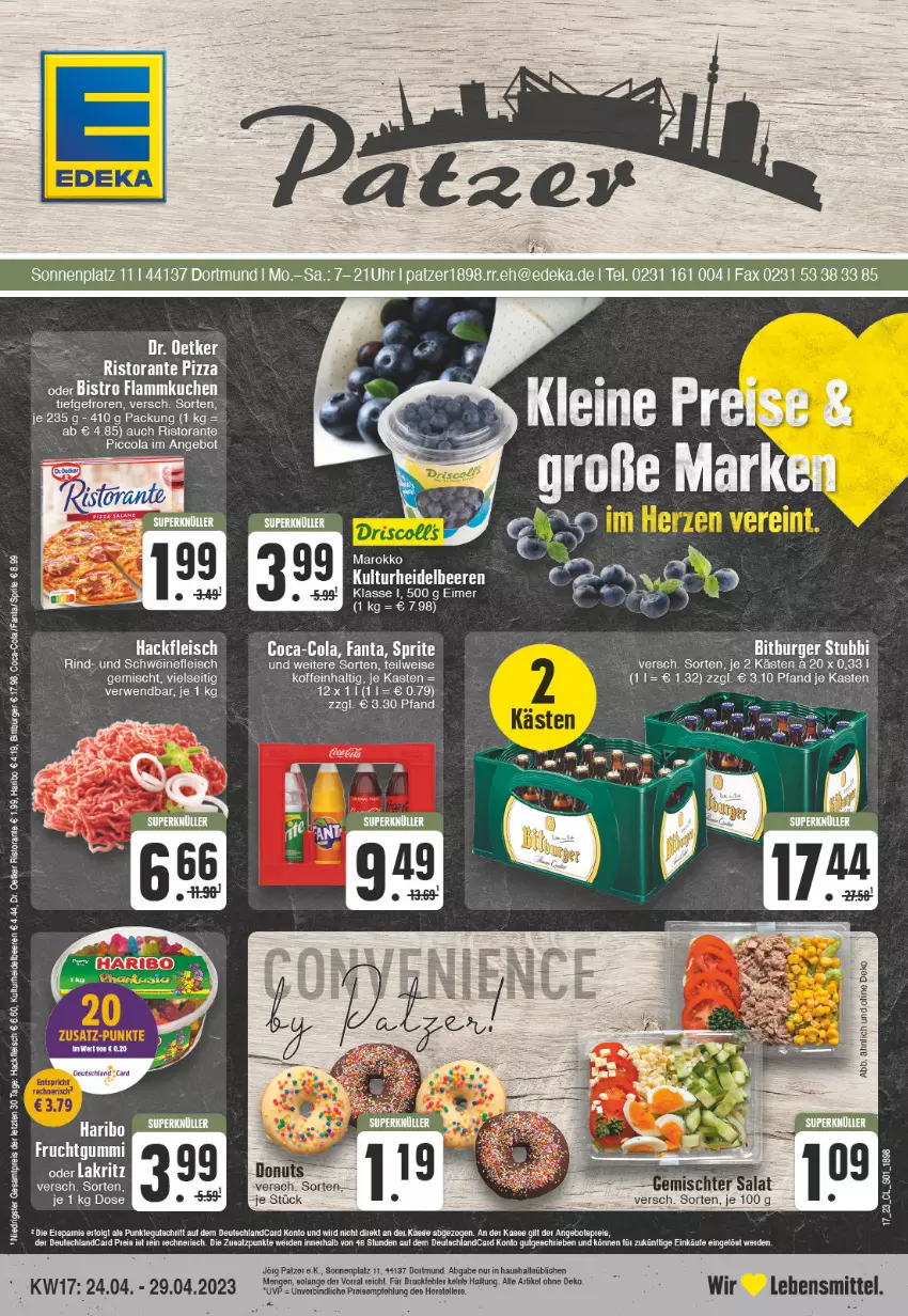 Aktueller Prospekt Edeka - Angebote der Woche - von 24.04 bis 29.04.2023 - strona 1 - produkty: angebot, angebote, beere, beeren, bitburger, burger, coca-cola, cola, deka, Dr. Oetker, eimer, eis, erde, fanta, flammkuchen, fleisch, hackfleisch, haribo, heidelbeere, heidelbeeren, kuchen, lamm, lebensmittel, leine, reis, rind, ristorante, rwe, schwein, schweine, schweinefleisch, Ti, uhr, wein, weine, ZTE