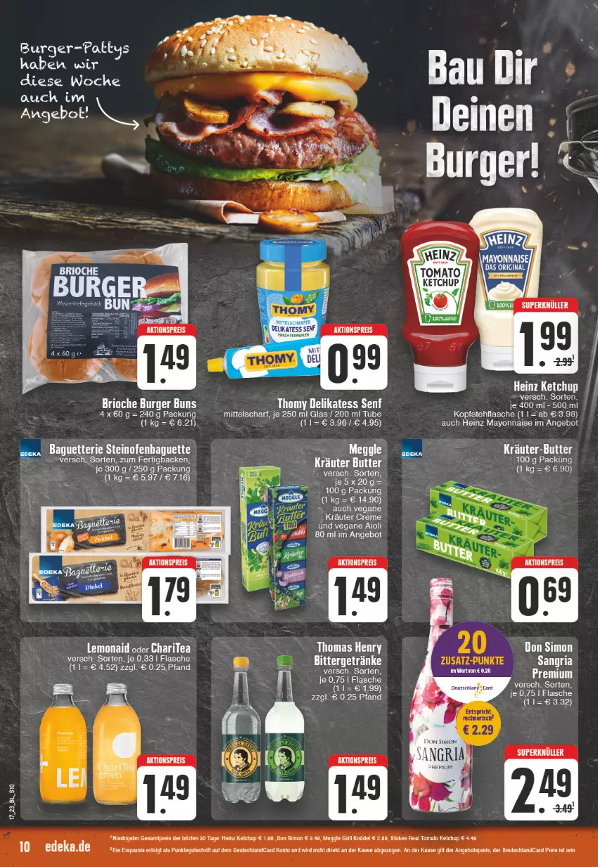 Aktueller Prospekt Edeka - Angebote der Woche - von 24.04 bis 29.04.2023 - strona 10 - produkty: aktionspreis, angebot, angebote, baguette, burger, burger buns, butter, creme, deka, delikatess senf, deutschlandcard, eis, flasche, heinz, ketchup, Knödel, kräuter, kräuter-butter, LG, mayonnaise, meggle, Ofen, reis, senf, sim, steinofen, thomas henry, thomy, Ti, tomato ketchup, Yo, ZTE