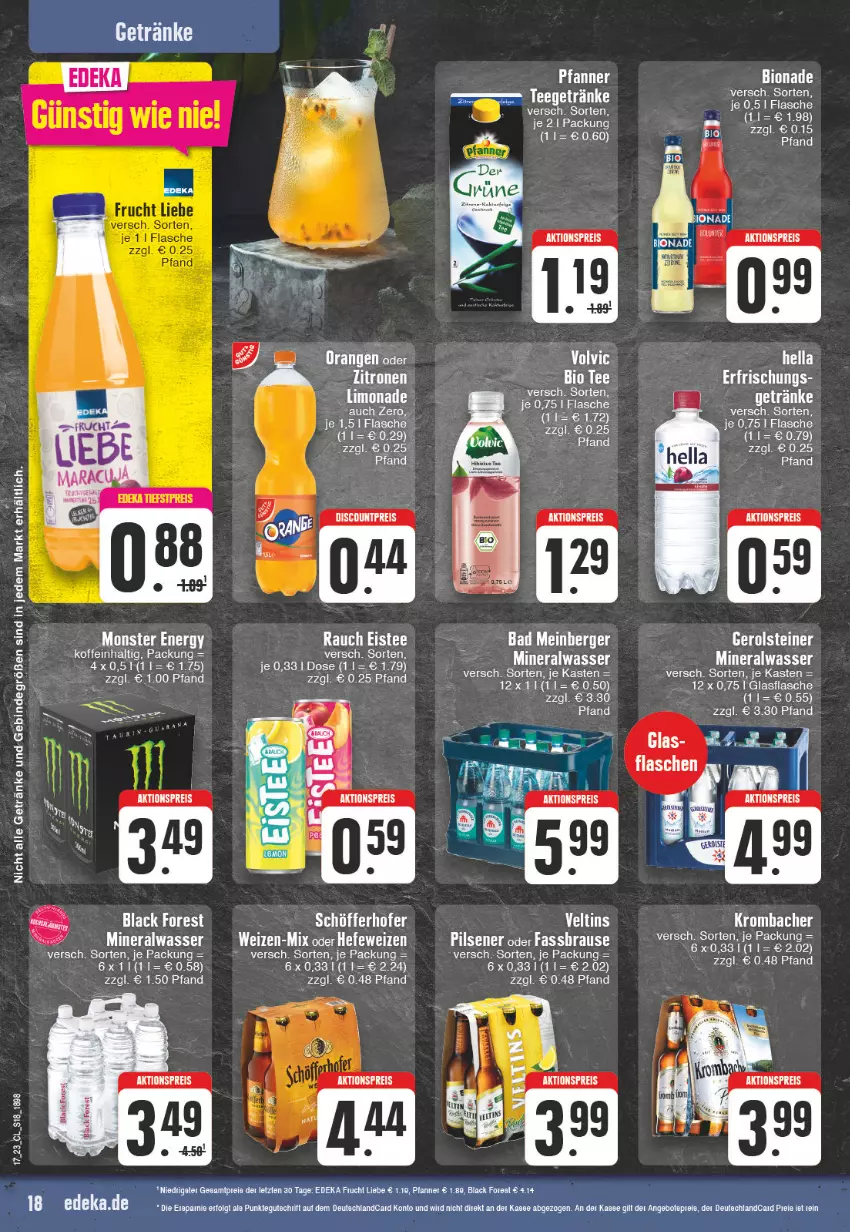 Aktueller Prospekt Edeka - Angebote der Woche - von 24.04 bis 29.04.2023 - strona 18 - produkty: aktionspreis, Alwa, Bad, Berger, bio, bionade, black forest, deka, eis, eistee, ente, flasche, gerolsteine, gerolsteiner, getränk, getränke, glasflasche, hella, krombache, krombacher, lack, LG, limo, limonade, mineralwasser, monster, Monster Energy, Rauch, reis, steiner, tee, Ti, wasser, zitrone, zitronen