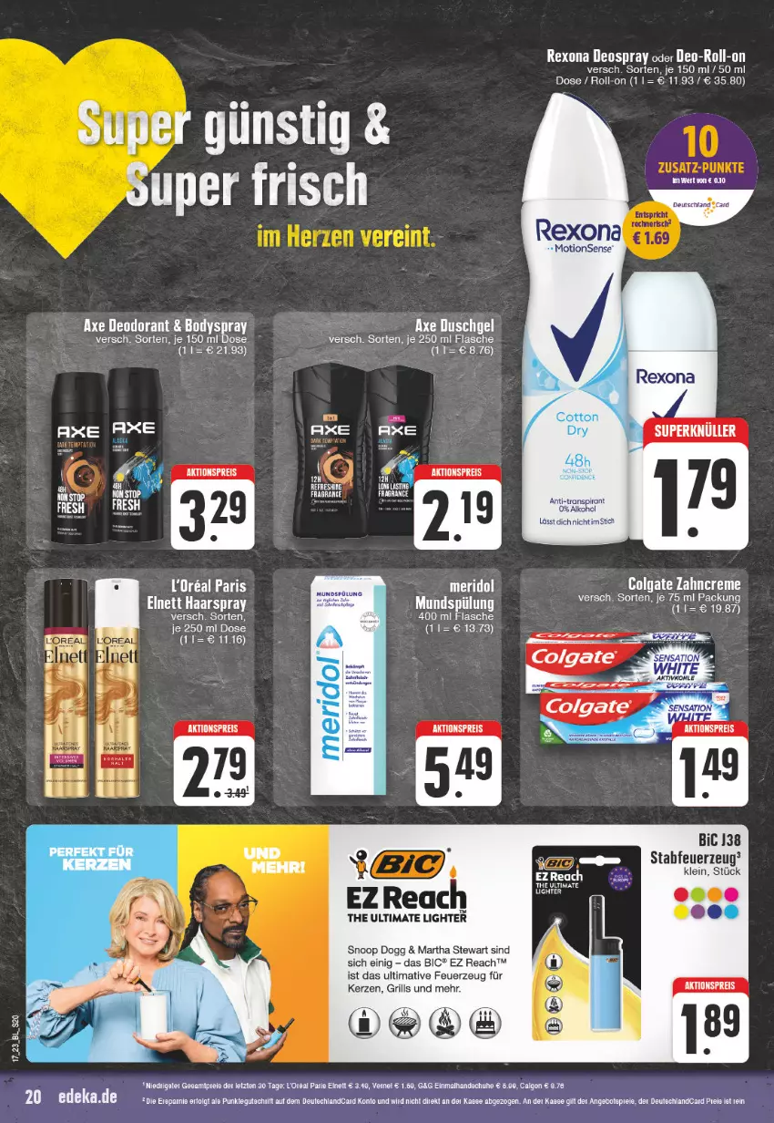 Aktueller Prospekt Edeka - Angebote der Woche - von 24.04 bis 29.04.2023 - strona 20 - produkty: aktionspreis, alkohol, axe, bio, body, bodyspray, colgate, deo, deodorant, deospray, eis, elle, ente, Feuerzeug, flasche, grill, kerze, Kette, LG, mundspülung, reis, rexona, ritter, roll-on, spülung, tee, Ti