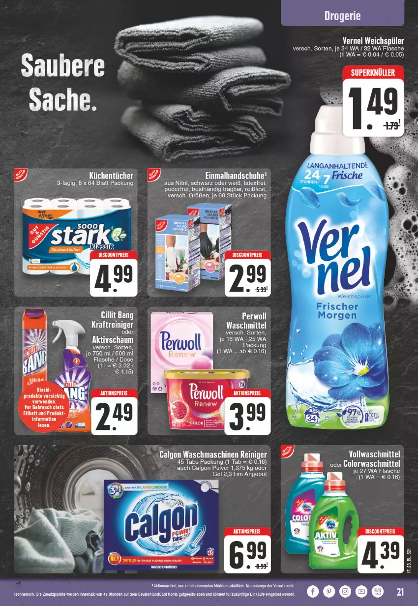 Aktueller Prospekt Edeka - Angebote der Woche - von 24.04 bis 29.04.2023 - strona 21 - produkty: angebot, calgon, deutschlandcard, erde, flasche, handschuhe, küche, Küchen, küchentücher, LG, reiniger, schuhe, tee, Ti, tücher, vollwaschmittel, waschmaschine, waschmaschinen, waschmittel, wein