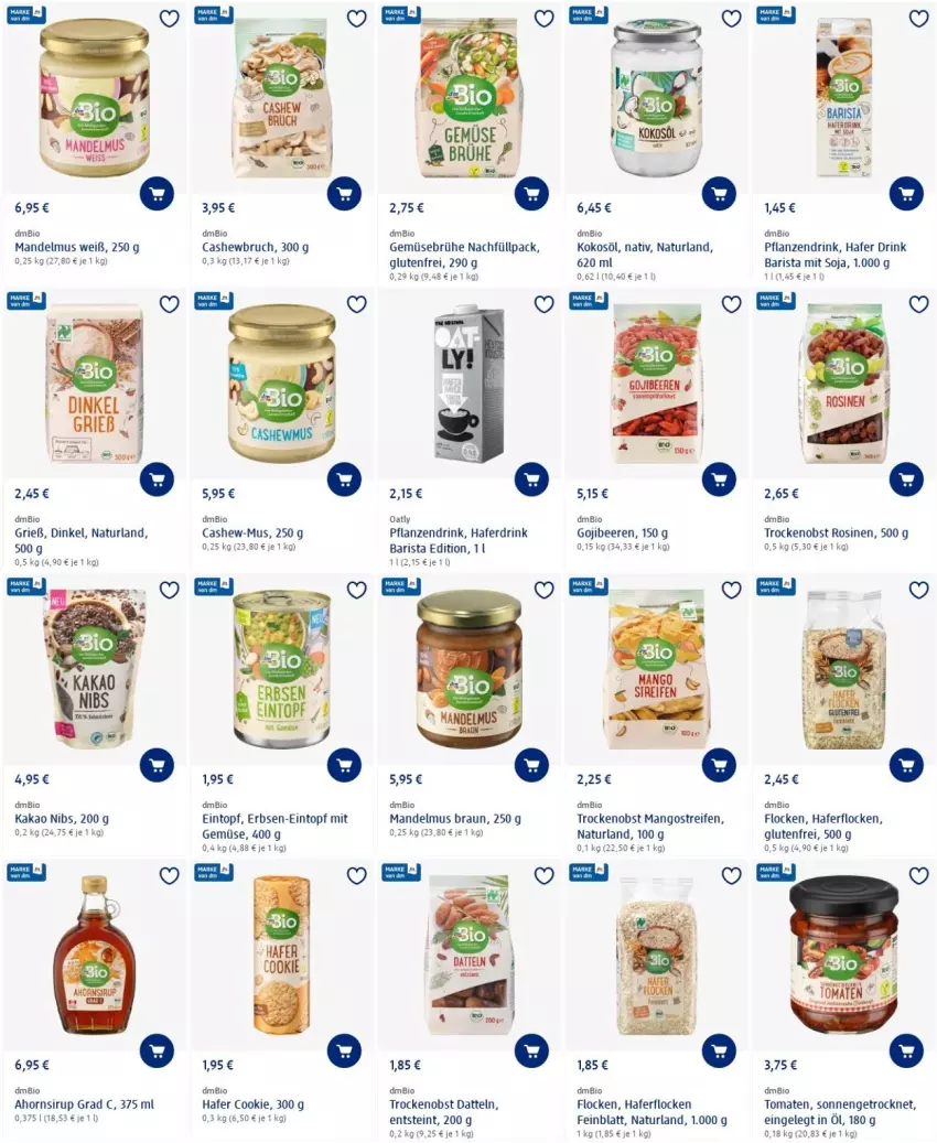 Aktueller Prospekt Dm Drogerie - Prospekte - von 26.05 bis 01.06.2022 - strona 7 - produkty: beere, beeren, bio, bio gemüse, braun, Brühe, Cashew, cookie, Datteln, drink, eintopf, erbsen, Gemüsebrühe, hafer, Haferdrink, haferflocken, kakao, kokos, kokosöl, mandel, Mandelmus, mango, mangos, mit gemüse, natur, naturland, obst, pflanze, pflanzen, reifen, sirup, soja, Ti, tomate, tomaten, topf