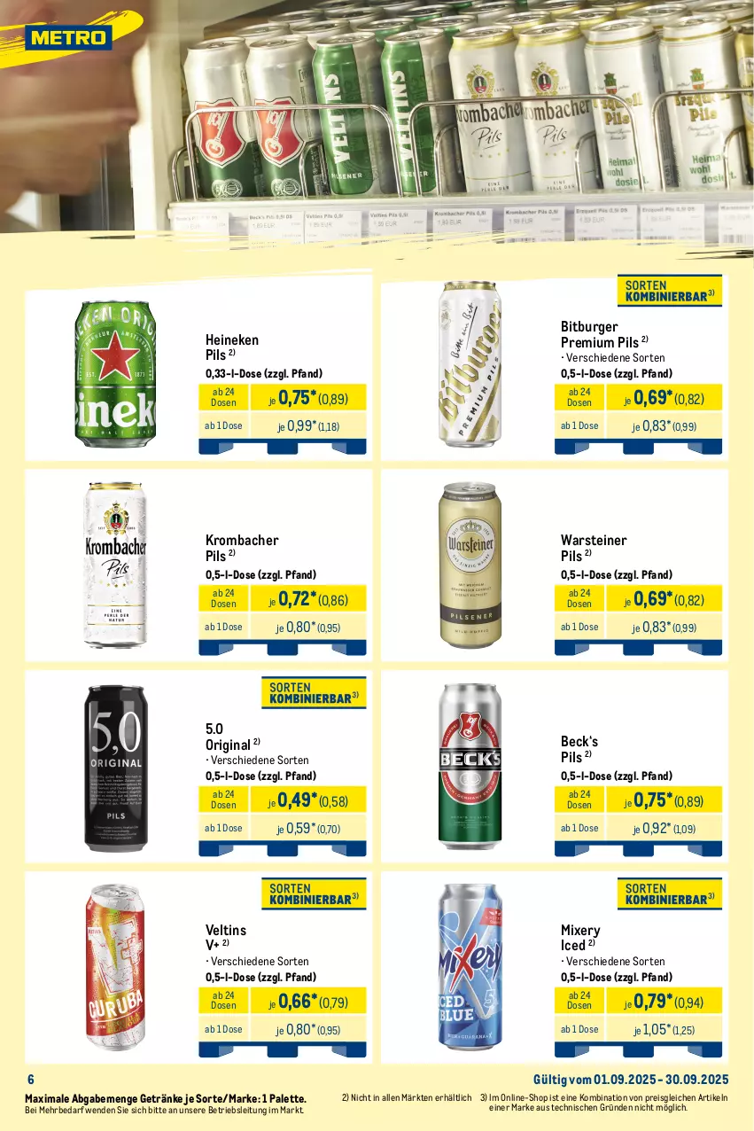 Aktueller Prospekt Metro - Wochen-Angebote Händler - von 01.09 bis 06.09.2025 - strona 11 - produkty: bitburger, burger, eis, getränk, getränke, gin, heineken, krombache, krombacher, krombacher pils, Mixer, mixery, Palette, pils, premium pils, reis, steiner, Ti, veltins, warsteiner