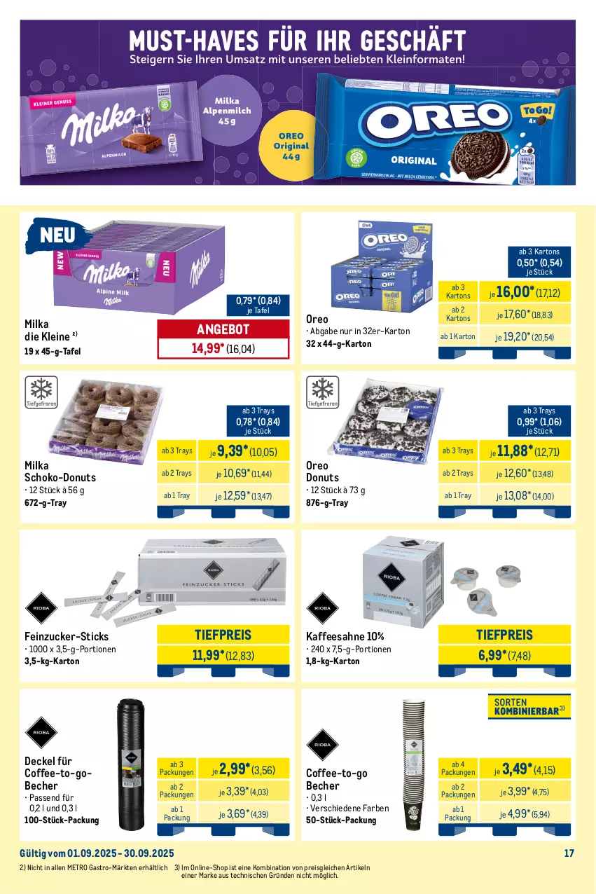 Aktueller Prospekt Metro - Wochen-Angebote Händler - von 01.09 bis 06.09.2025 - strona 22 - produkty: angebot, Becher, decke, Deckel, Donut, donuts, eis, kaffee, leine, Metro, metro gastro, milka, oreo, reis, sahne, schoko, Ti, tiefpreis, zucker