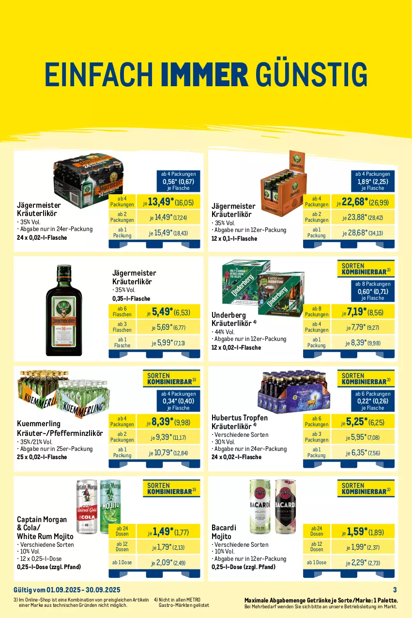 Aktueller Prospekt Metro - Wochen-Angebote Händler - von 01.09 bis 06.09.2025 - strona 8 - produkty: bacardi, Cap, captain morgan, cola, eis, flasche, Germ, getränk, getränke, jägermeister, kräuter, kräuterlikör, kuemmerling, likör, Meister, merl, Metro, mojito, Palette, pfeffer, pfefferminzlikör, reis, rum, Ti, underberg, white rum