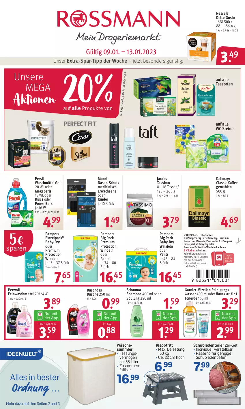 Aktueller Prospekt Rossmann - Prospekte - von 09.01 bis 13.01.2023 - strona 1 - produkty: baby-dry, coupon, dallmayr, dolce gusto, duschdas, dusche, elle, ente, erde, feinwaschmittel, garnier, gsw, jacobs, jacobs tassimo, kaffee, Kinder, klapptritt, megaperls, mizellen, Mizellen Reinigungswasser, Nescafé, pampers, Pants, persil, persil waschmittel, perwoll, Reinigung, schauma, schauma shampoo, schubladen, shampoo, sim, spülung, tasse, tassimo, tee, Ti, Tiere, Toner, waschmittel, wasser, WC-Steine, windeln, windeln oder pants