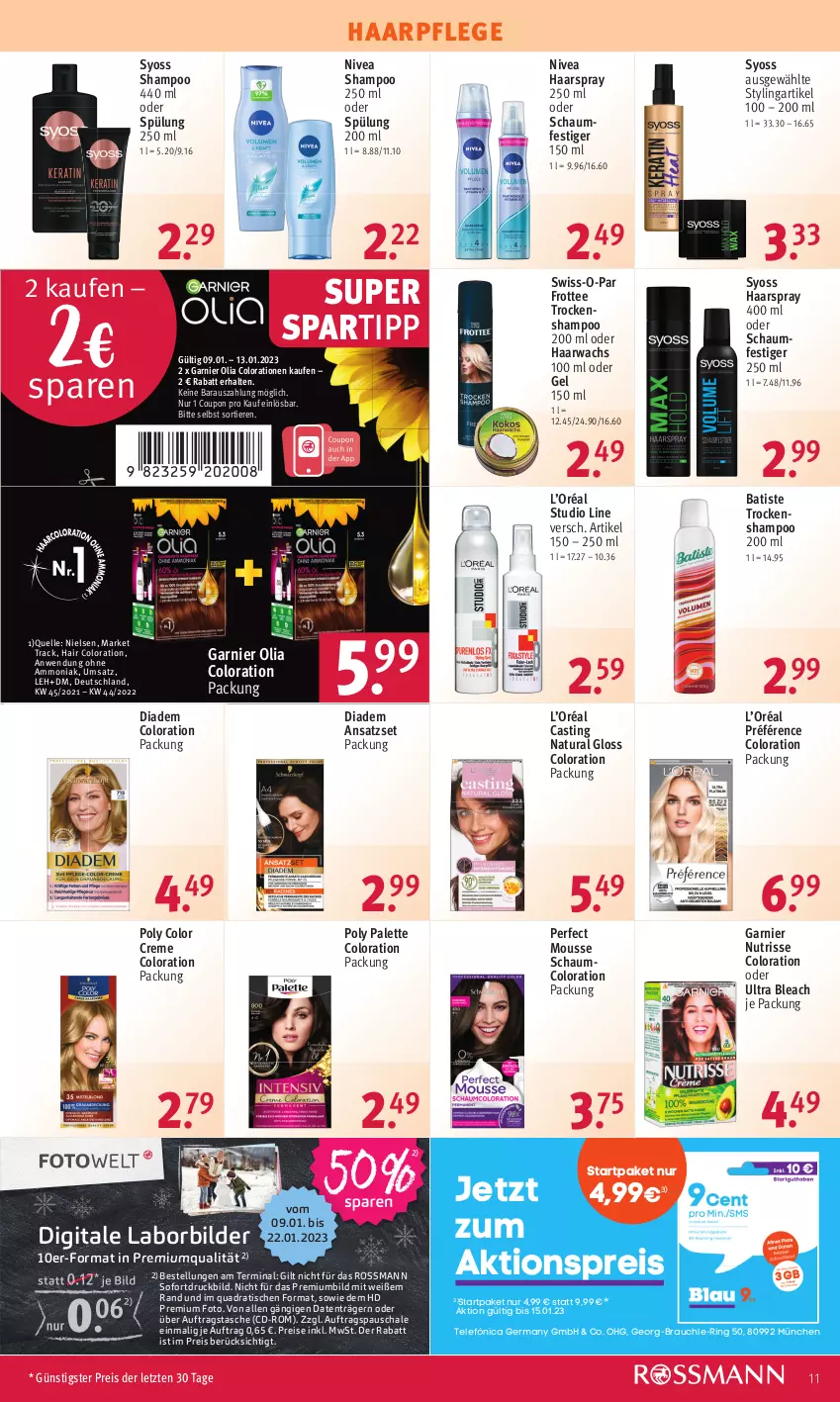 Aktueller Prospekt Rossmann - Prospekte - von 09.01 bis 13.01.2023 - strona 11 - produkty: aktionspreis, asti, Color creme, Colorationen, coupon, creme, diadem, eis, elle, garnier, Germ, haarpflege, haarspray, mousse, natur, natura, nivea, Nutrisse, oder schaumfestiger, Palette, quad, Rauch, reis, ring, Schal, Schale, schaumfestiger, shampoo, shampoo 250 ml, spartipp, spülung, spülung 200 ml, Swiss-o-Par, syoss, Tasche, tee, Ti, Tiere, tisch, Trockenshampoo, Yo, ZTE