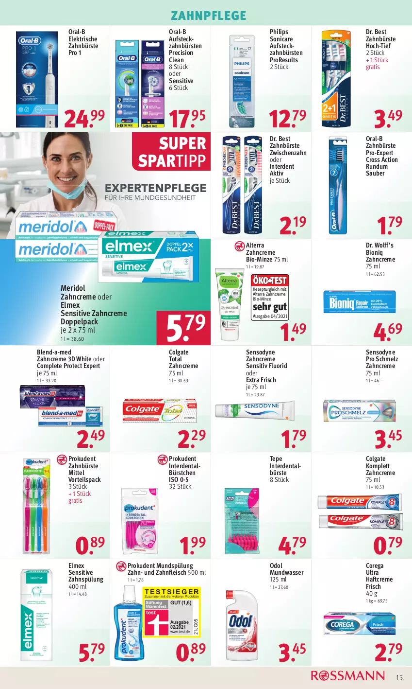 Aktueller Prospekt Rossmann - Prospekte - von 09.01 bis 13.01.2023 - strona 13 - produkty: alterra, bio, blend-a-med, bürste, bürsten, colgate, colgate total, creme, cross action, Dr. Best, eis, elektrische zahnbürste, elmex, erde, fleisch, Haftcreme, LG, meridol, minze, mundspülung, mundwasser, Odol, oral-b, Philips, precision clean, Prokudent, rezept, sensodyne, sonicare, spartipp, spülung, Ti, wasser, zahnbürste, zahnbürsten, zahncreme