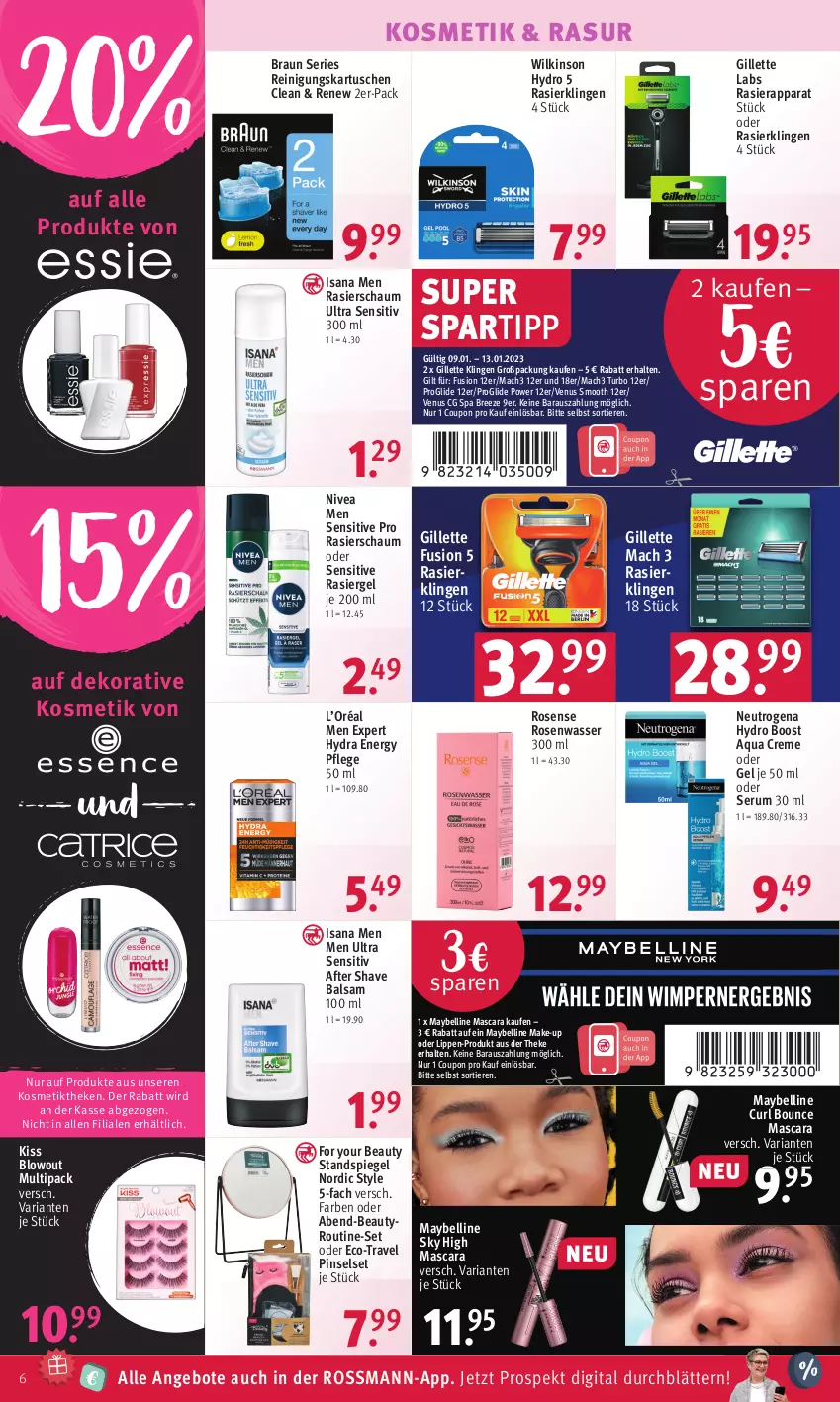 Aktueller Prospekt Rossmann - Prospekte - von 09.01 bis 13.01.2023 - strona 6 - produkty: after shave, angebot, angebote, aqua, balsam, braun, bree, coupon, creme, For Your Beauty, gillette, isana, kosmetik, mac, mach3, Make-up, Mascara, Maybelline, neutrogena, nivea, Nivea Men, Pinsel, Pinselset, rasierapparat, rasiergel, Rasierklinge, rasierklingen, Rasierschaum, Reinigung, Ria, rosen, Rosenwasser, rum, sana, Serum, spartipp, spiegel, Standspiegel, Ti, Tiere, venus, wasser, wilkinson, Yo