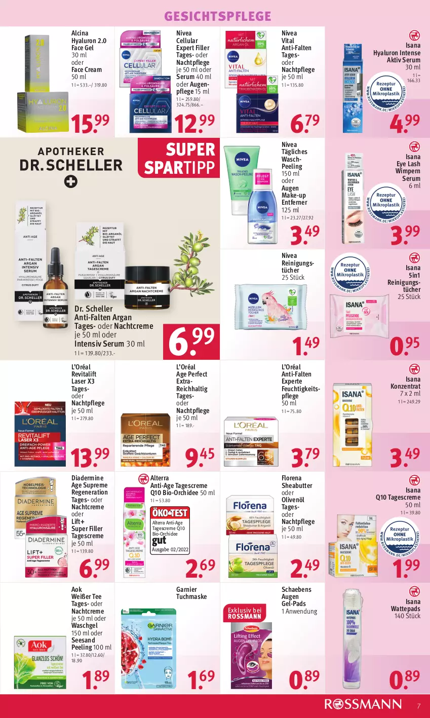 Aktueller Prospekt Rossmann - Prospekte - von 09.01 bis 13.01.2023 - strona 7 - produkty: alterra, anti-falten experte, Augenpflege, bio, butter, cin, creme, Diadermine, Dr. Scheller, elle, feuchtigkeitspflege, garnier, gesichtspflege, HP, hyaluron, isana, Make-up, Maske, nachtcreme, nachtpflege, nivea, olive, oliven, olivenöl, orchidee, Peeling, Q10, Reinigung, reinigungstücher, Revital, revitalift, rum, sana, Schaebens, Serum, Sheabutter, spartipp, tagescreme, tee, Ti, tuc, tücher, tuchmaske, vita, waschgel, wattepads