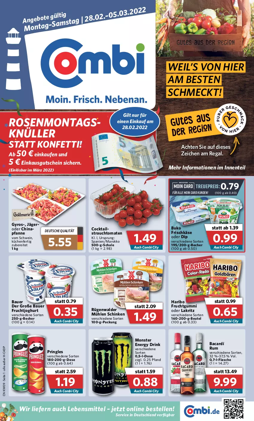 Aktueller Prospekt Combi - Prospekte - von 28.02 bis 05.03.2022 - strona 1 - produkty: auer, Bau, Bauer, Becher, beutel, Buko, cocktail, dip, drink, eis, elle, energy drink, ente, flasche, frischkäse, frucht, fruchtgummi, fruchtjoghurt, gutschein, gyros, haribo, joghur, joghurt, Käse, küche, Küchen, Lakritz, lebensmittel, monster, Monster Energy, mühlen schinken, oder lakritz, pfanne, pringles, Rauch, regal, reis, ring, rosen, rügenwalder, rügenwalder mühle, rum, Schal, Schale, schinken, schwein, strauchtomaten, Ti, tomate, tomaten, wein